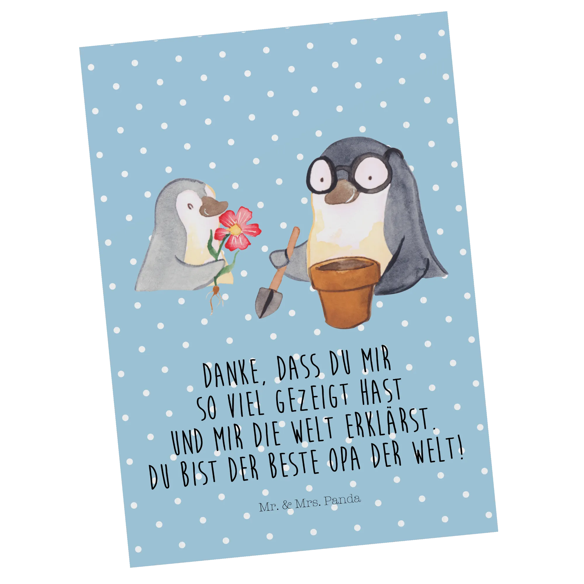 Pocztówka Pingwin dziadek sadzi kwiaty tata, brat, babcia, Dzień Ojca, siostra, dziadek, Rodzina, Dzień Matki