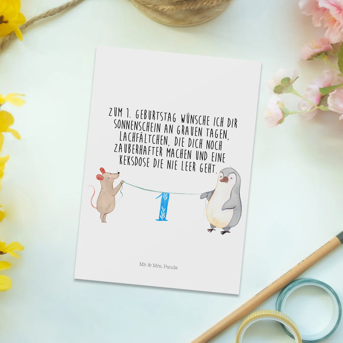 Postkarte 1. Geburtstag Maus Pinguin