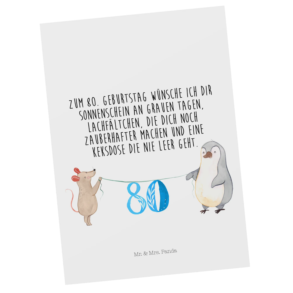 Postkarte 80. Geburtstag Maus Pinguin Motivkarte, einzelkarte, Ansichtskarten, Kunstkarten, Ansichtskarte, Postkarte, bildkarte, Postkarten, Grußkarte, kunstkarte, Designkarte, spruchkarte, Fotokarte, Geburtstagsgeschenk, Geschenk, Geburtstag, Kuchen, Party, Feiern, Torte