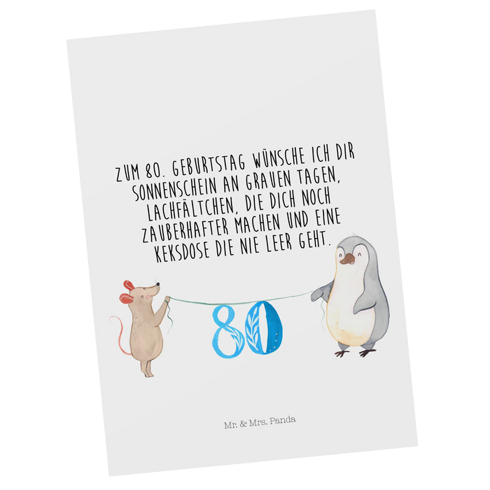 Postkarte 80. Geburtstag Maus Pinguin