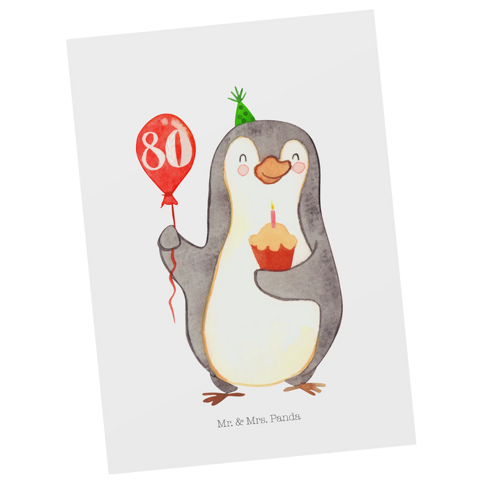 Postkarte 80. Geburtstag Pinguin Luftballon