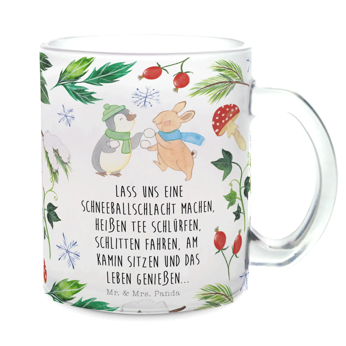 Glass tea cup penguin rabbit snowball fight Christmas time, snow