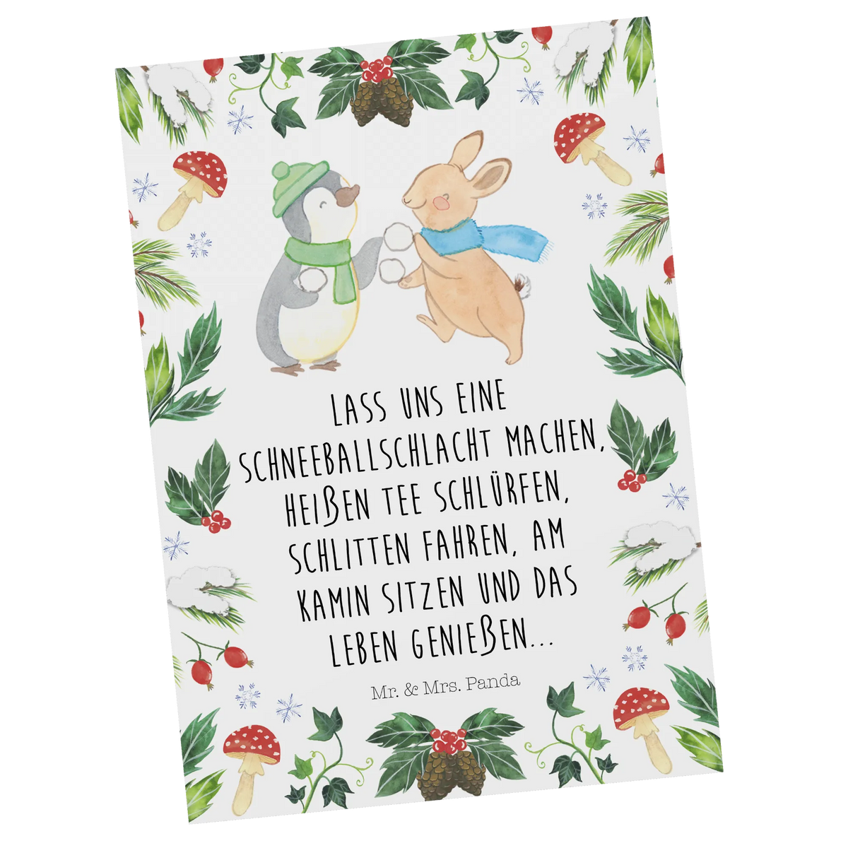 Postcard penguin rabbit snowball fight bildkarte, Ansichtskarte, kunstkarte, Postkarten, Designkarte, Motivkarte, einzelkarte, Ansichtskarten, Fotokarte, Postkarte, Kunstkarten, Grußkarte, spruchkarte, Weihnachten, Winter, Weihnachtsdeko, Nikolaus, Advent, Heiligabend, Wintermotiv