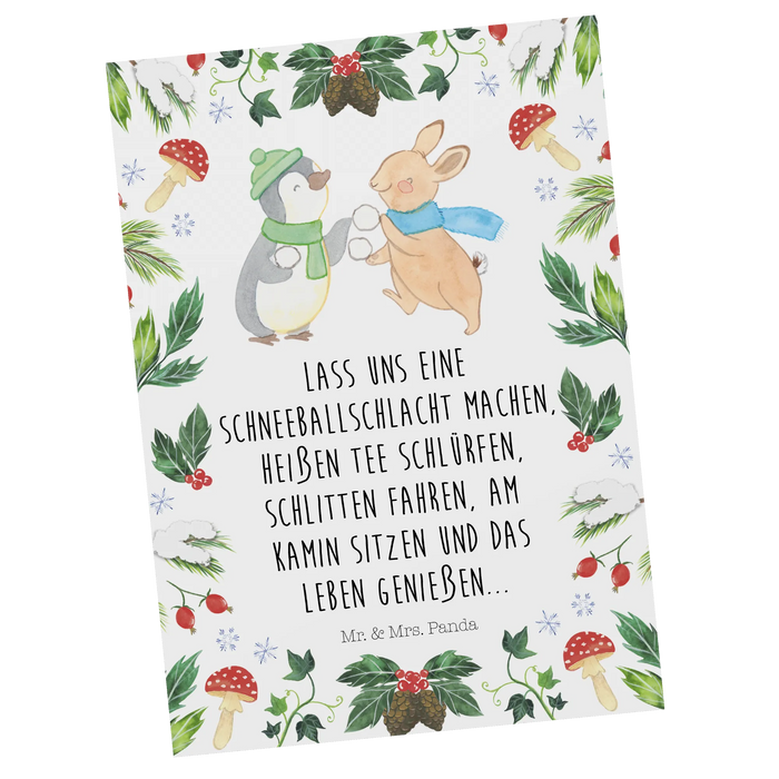 Postcard penguin rabbit snowball fight