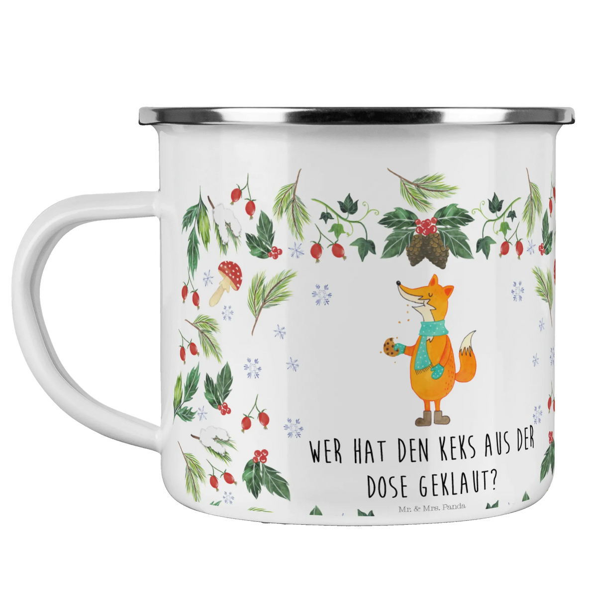 Enamel camping mug Fox cookie jar Christmas time, snow