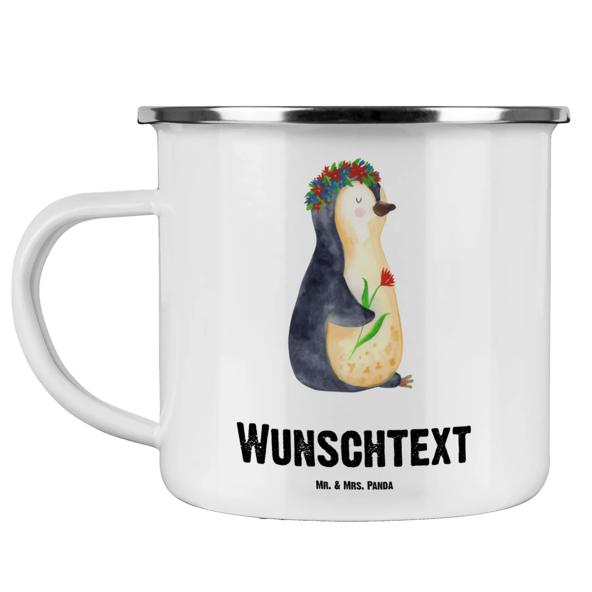 Personalisierte Emaille Tasse Pinguin Blumen