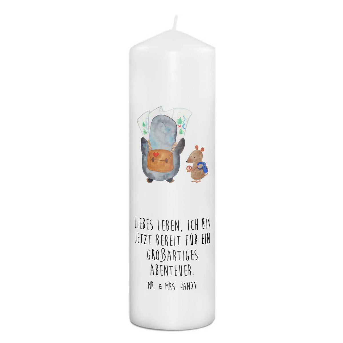 Candle Penguin & Mouse Hiker Erinnerungskerze, Erinnerungslicht, Zylinderkerze, Stumpenkerze, Kerze, Blockkerze, Wachskerze, Bedruckte Kerze, Pinguin, Pinguine, Wanderlust, Abenteurer, Roadtrip, Ausflug, Wandern, Abenteuer