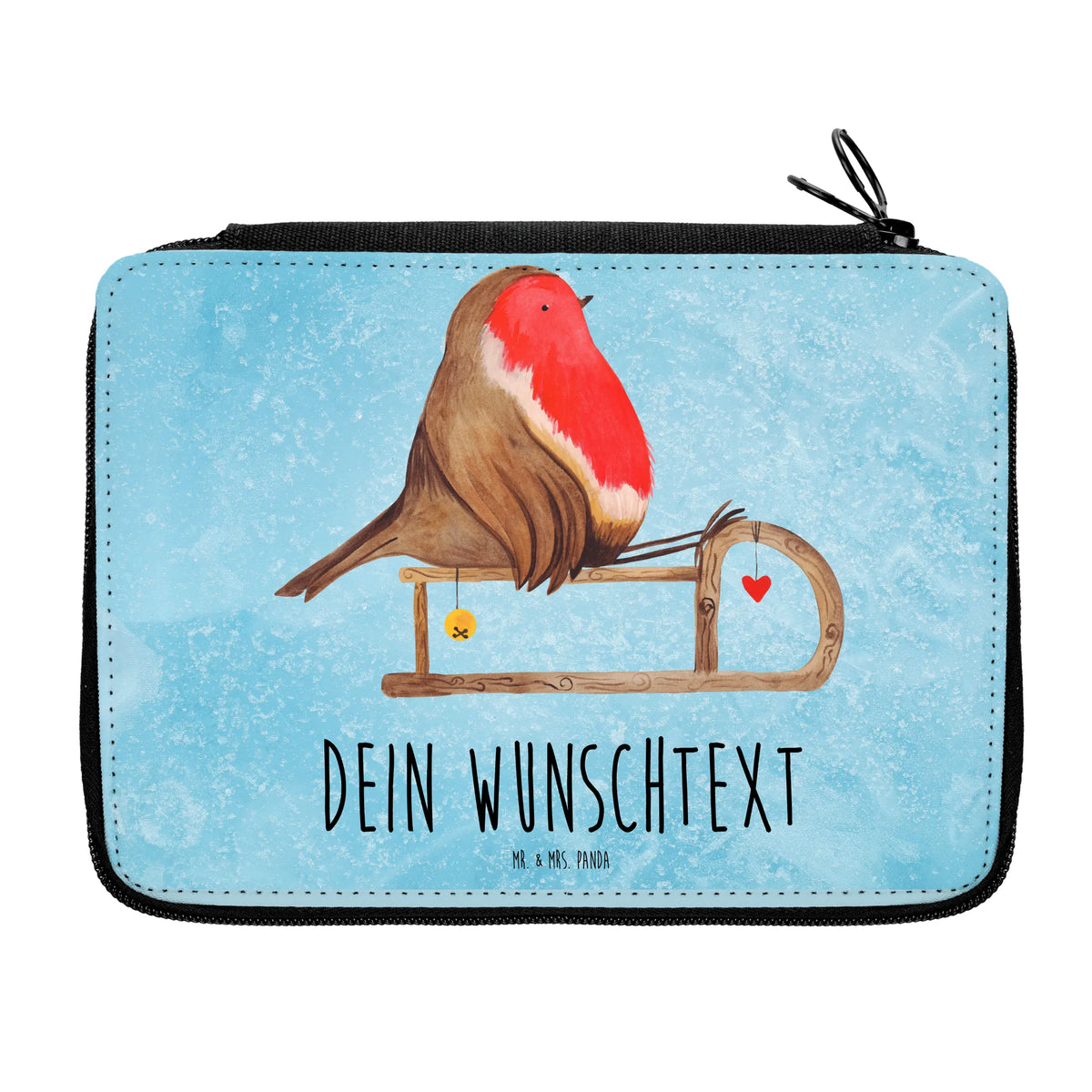Personalised leather folder robin Sleds Christmas time, snow, sleigh, bird