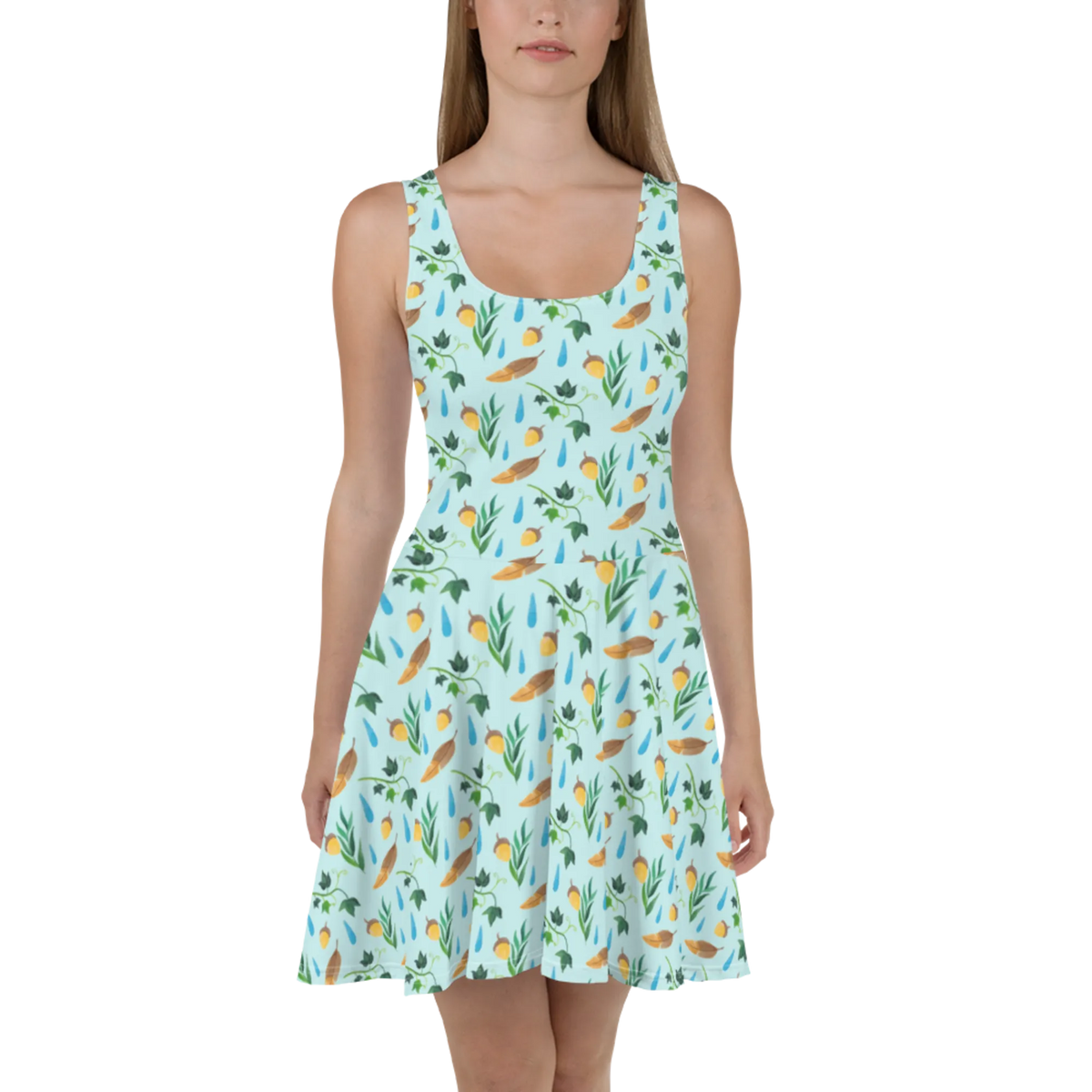 Sommerkleid Regentage Design Ausgestelltes Kleid, Luftiges Sommerkleid, Damen-Sommerkleid, Swingkleid, Sommerkleid, Kurzes Kleid, Kurzes Sommerkleid, Damenkleid, Strandkleid, Leichtes Sommerkleid, Freizeitkleid, Jerseykleid, Urlaubskleid, Shirtkleid, Kleid, Stretchkleid, Minikleid, Skaterkleid, A-Linien-Kleid, Efeu, Regentropfen, Blätter, Aquarell, Eiche, Natur, Wald