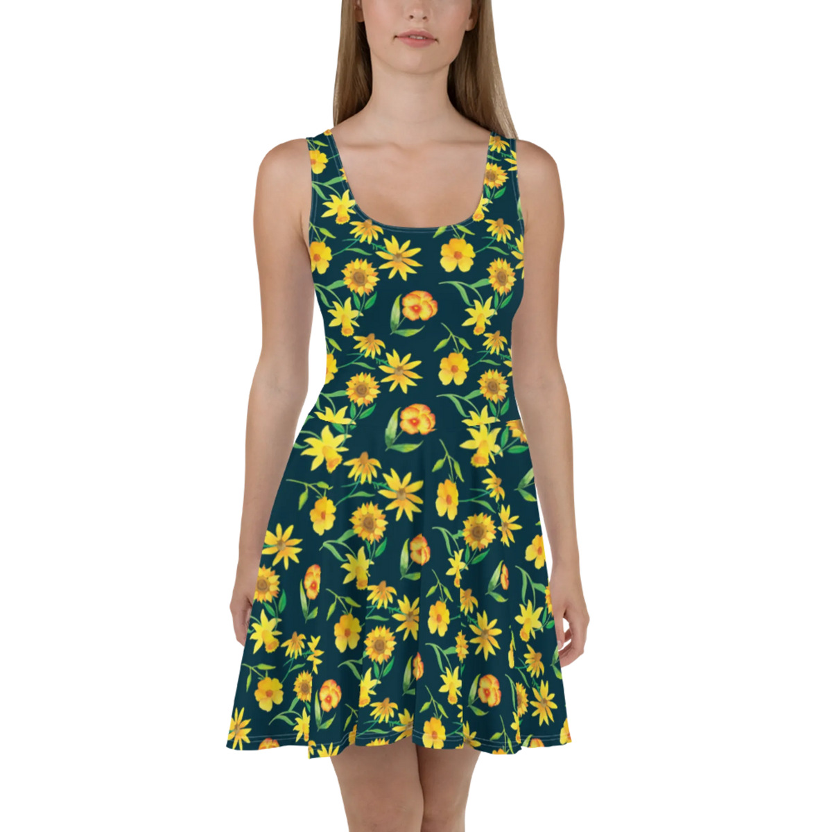 Sommerkleid Sonnengruß Design Damen-Sommerkleid, Kleid, Jerseykleid, Urlaubskleid, Kurzes Sommerkleid, Freizeitkleid, Ausgestelltes Kleid, Kurzes Kleid, Skaterkleid, A-Linien-Kleid, Luftiges Sommerkleid, Sommerkleid, Stretchkleid, Swingkleid, Minikleid, Damenkleid, Shirtkleid, Strandkleid, Leichtes Sommerkleid, Blumen, Gelbe Blumen, Sonnenblume, Osterglocke, Muster