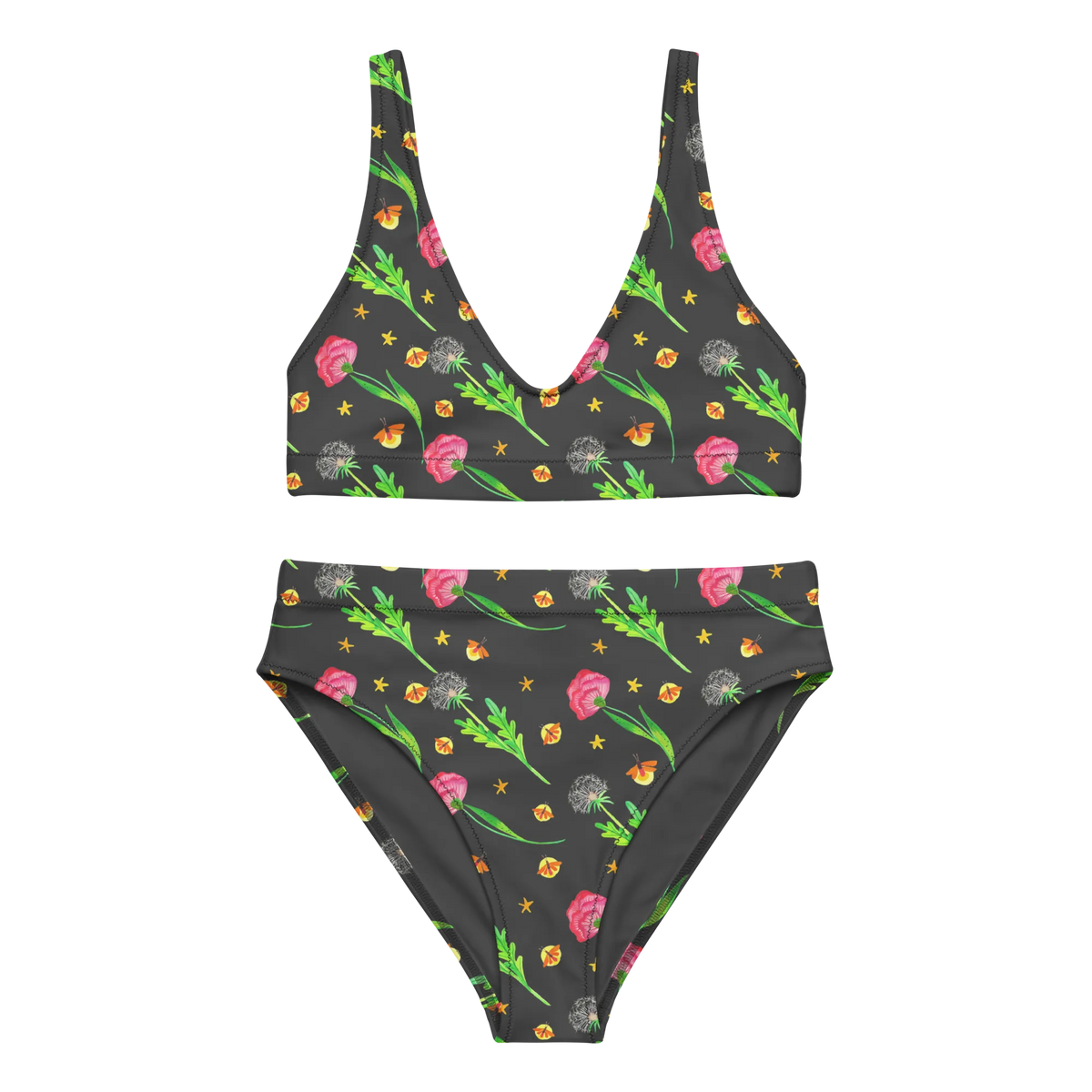 Bikini Glühwürmchen Design High Waist Bikini, Bikinihose, Bikinioberteil, Zweiteiler, 2er Set, Bikini, Bademode, Blumen, Glühwürmchen, Pusteblumen, Muster
