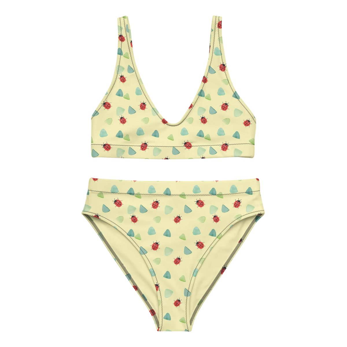 Bikini Marienkäfer Design Bikinihose, Zweiteiler, 2er Set, High Waist Bikini, Bikinioberteil, Bademode, Bikini, Niedlich, Grüne Punkte, Verspielt, Muster, Aquarell, Marienkäfer