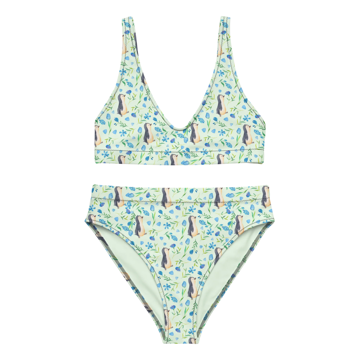 Bikini Pinguinliebe Design Bikini, Bikinihose, High Waist Bikini, 2er Set, Bikinioberteil, Bademode, Zweiteiler, Pinguin, Aquarell, Muster, Blumen, Pinguine, Blaue Blumen