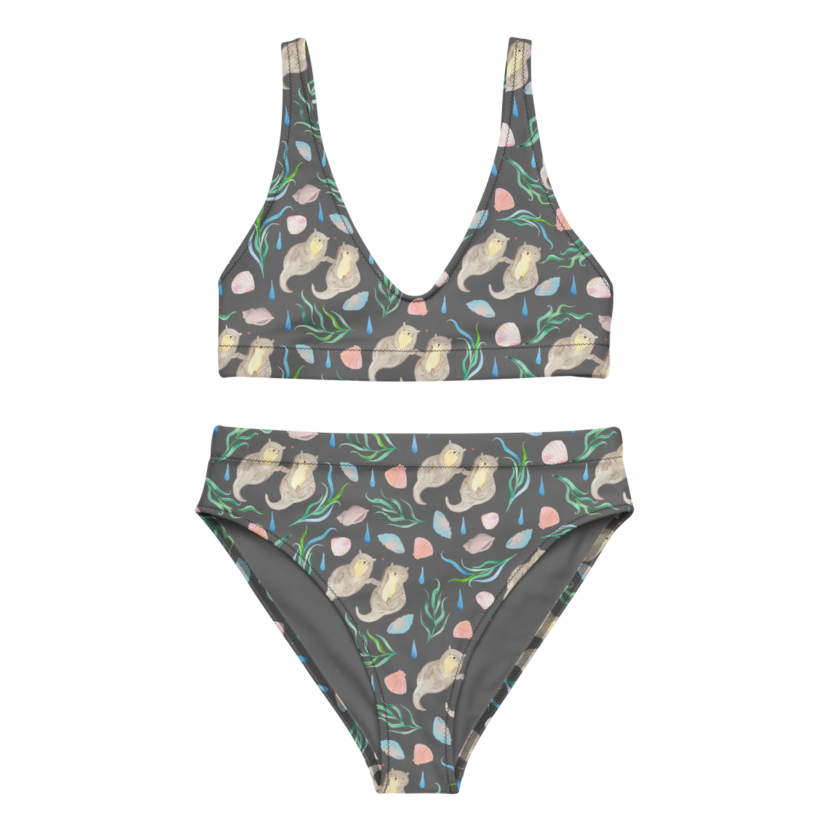 Bikini Otterliebe Design Bikinioberteil, Bikini, Bikinihose, High Waist Bikini, Zweiteiler, Bademode, 2er Set, Händchenhaltene Otter, Meer, Muscheln, Otter, Maritim, Aquarell, Beach Design