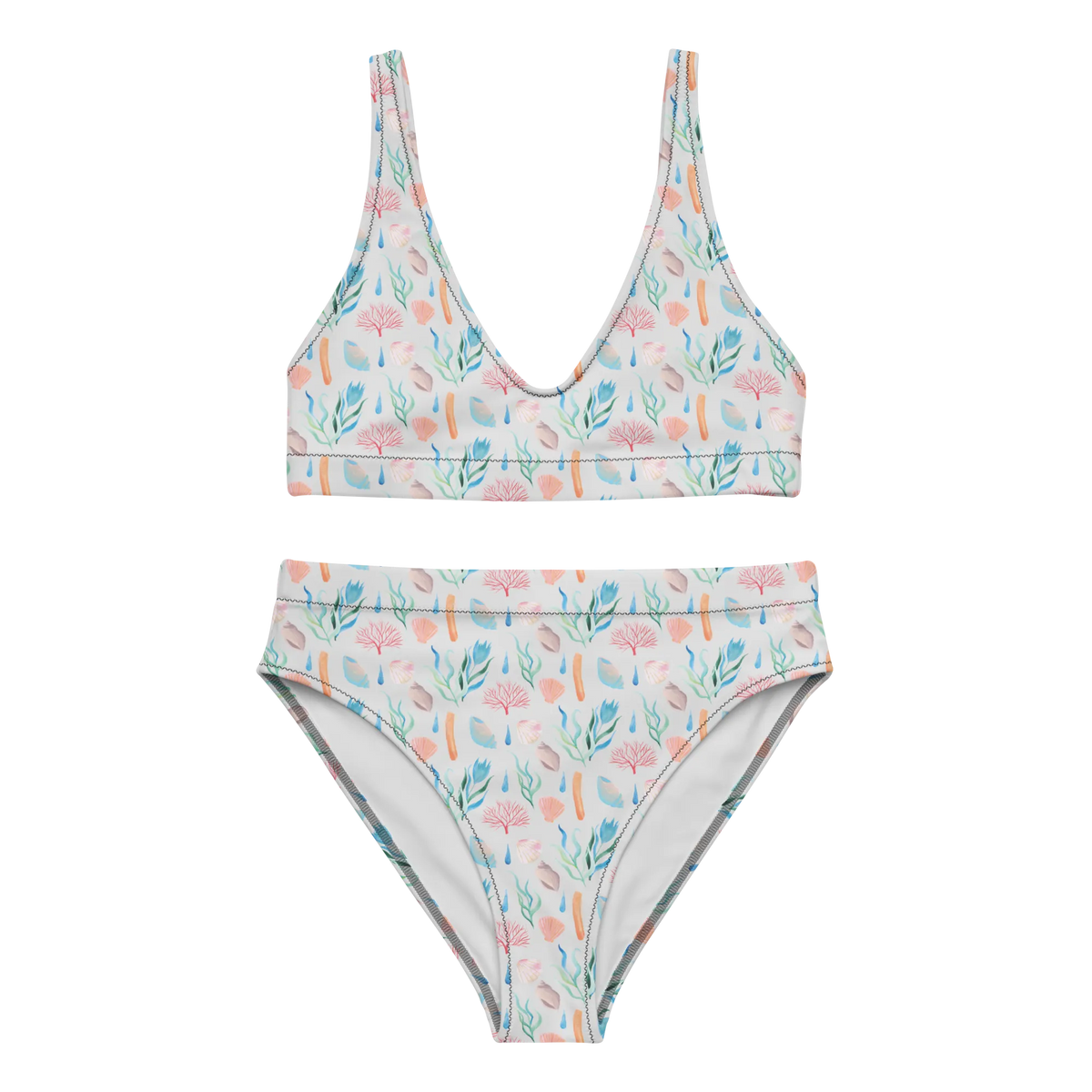 Bikini Meeresrauschen Design Zweiteiler, Bademode, Bikinioberteil, Bikini, Bikinihose, High Waist Bikini, 2er Set, Beach, Meer, Strand, Muster, Strand Motive, Maritim, Muscheln, Korallen