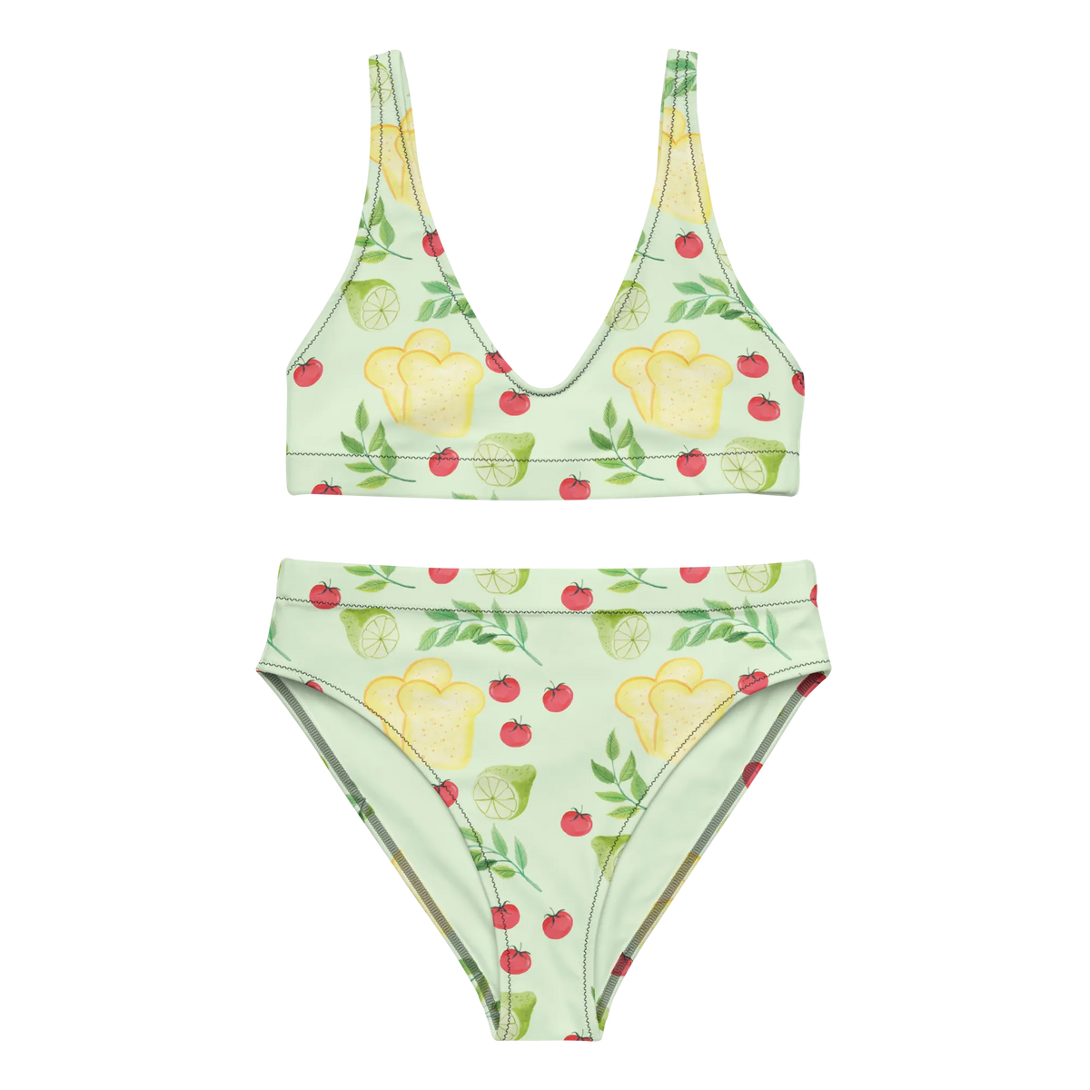Bikini Küchenmagie Design Bademode, Bikinioberteil, Bikini, Bikinihose, 2er Set, Zweiteiler, High Waist Bikini, Aquarell, Toastbrot, Küchenliebe, Muster, Limette, Kräuter, Tomaten, Kochen, Küchenmuster, Küche