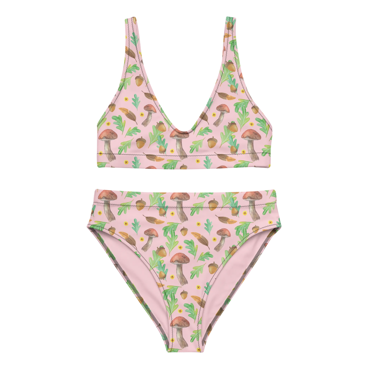 Bikini Waldträume Design Zweiteiler, High Waist Bikini, Bademode, 2er Set, Bikinioberteil, Bikinihose, Bikini, Pilze, Aquarell, Natur, Blätter, Glühwürmchen, Waldspaziergang, Wald, Aquarellmuster, Laub, Eiche