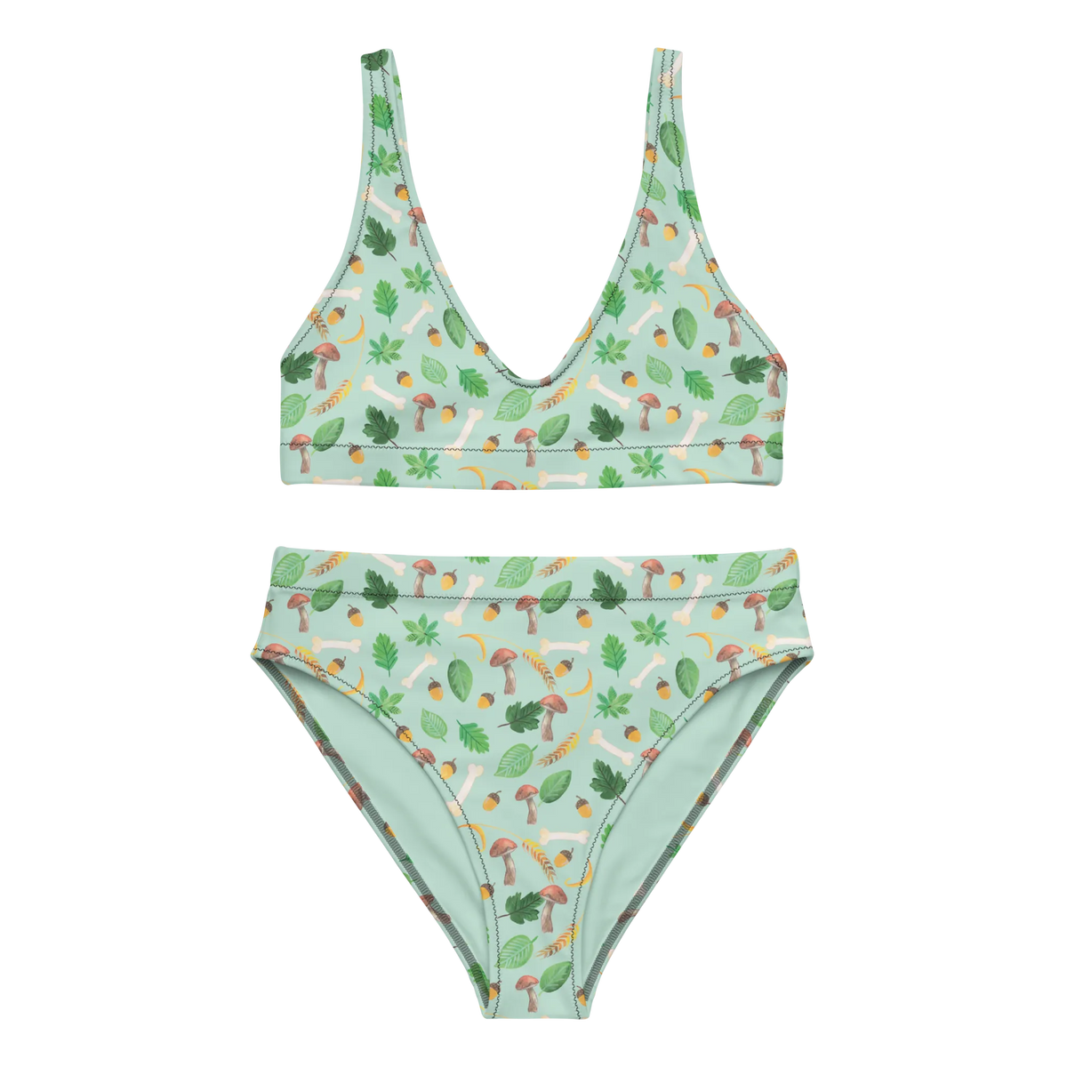 Bikini Herbstwald Design Zweiteiler, 2er Set, Bademode, Bikini, Bikinioberteil, Bikinihose, High Waist Bikini, Aquarell Muster, Wald, Blätter, Herbst, Pilze, Laub