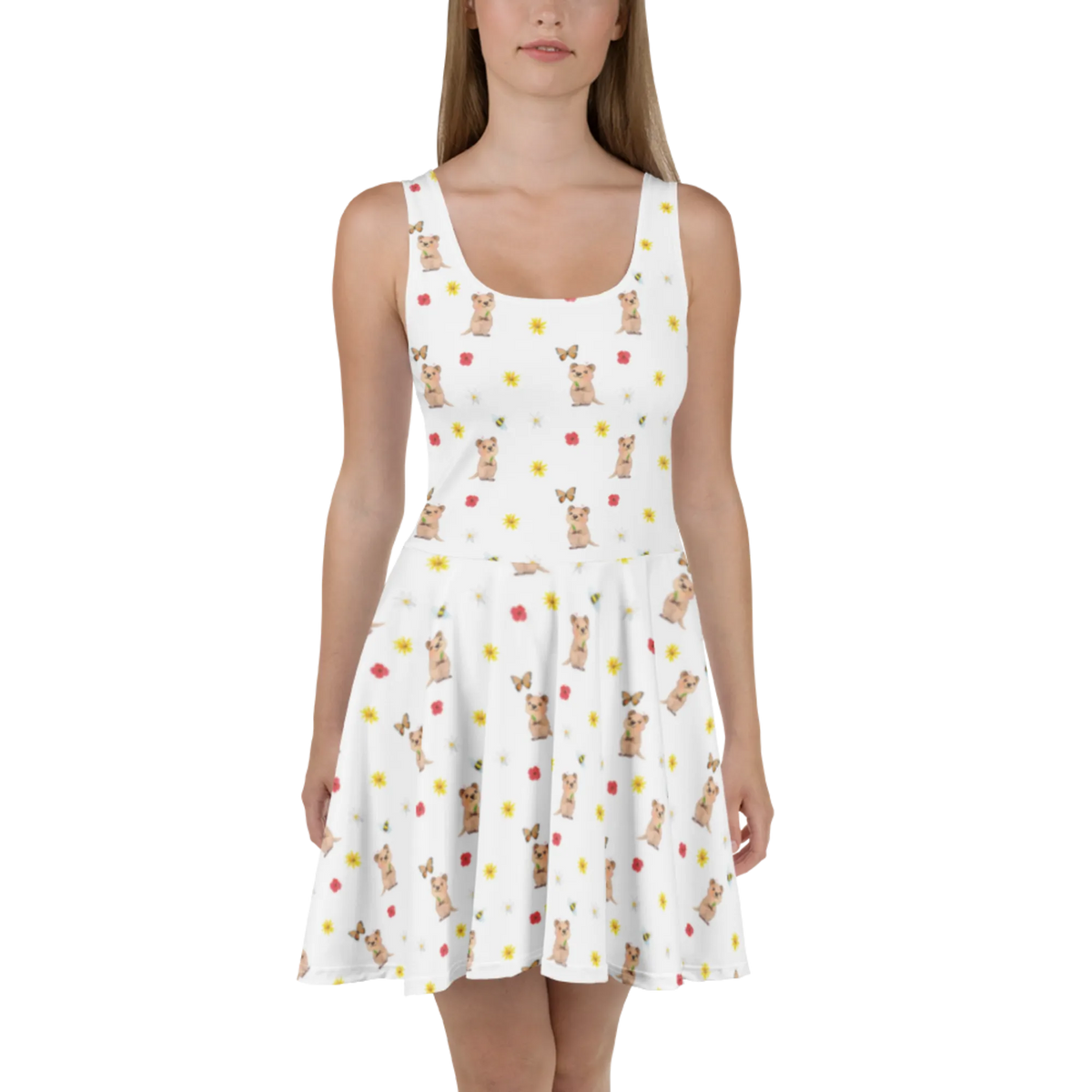 Sommerkleid Quokka Happy Muster Kurzes Sommerkleid, Swingkleid, Kurzes Kleid, Jerseykleid, Damen-Sommerkleid, Kleid, Skaterkleid, Stretchkleid, A-Linien-Kleid, Strandkleid, Urlaubskleid, Sommerkleid, Ausgestelltes Kleid, Freizeitkleid, Damenkleid, Minikleid, Leichtes Sommerkleid, Luftiges Sommerkleid, Shirtkleid, Tiere, Tiermotive, Lustige Sprüche, Gute Laune, Lustiger Spruch, Niedliches Tier, Dinge Erledigen, Quokka, Verschieben, Aufschieberitis
