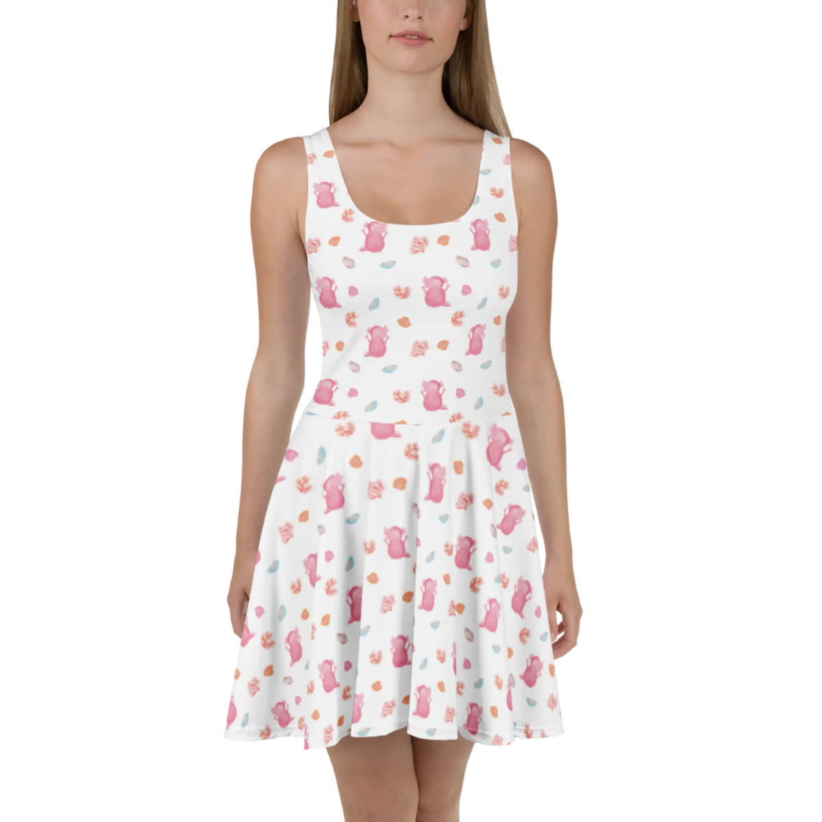 Sommerkleid Axolotl Hurra Muster A-Linien-Kleid, Jerseykleid, Sommerkleid, Stretchkleid, Swingkleid, Luftiges Sommerkleid, Strandkleid, Shirtkleid, Skaterkleid, Kurzes Kleid, Kleid, Ausgestelltes Kleid, Freizeitkleid, Damenkleid, Leichtes Sommerkleid, Minikleid, Kurzes Sommerkleid, Urlaubskleid, Damen-Sommerkleid, Molch, Axolotl, Axolot, Motivation, Freude, Fröhlich, Spaß, Zufriedenheit, Lurche, Lurch, Schwanzlurch