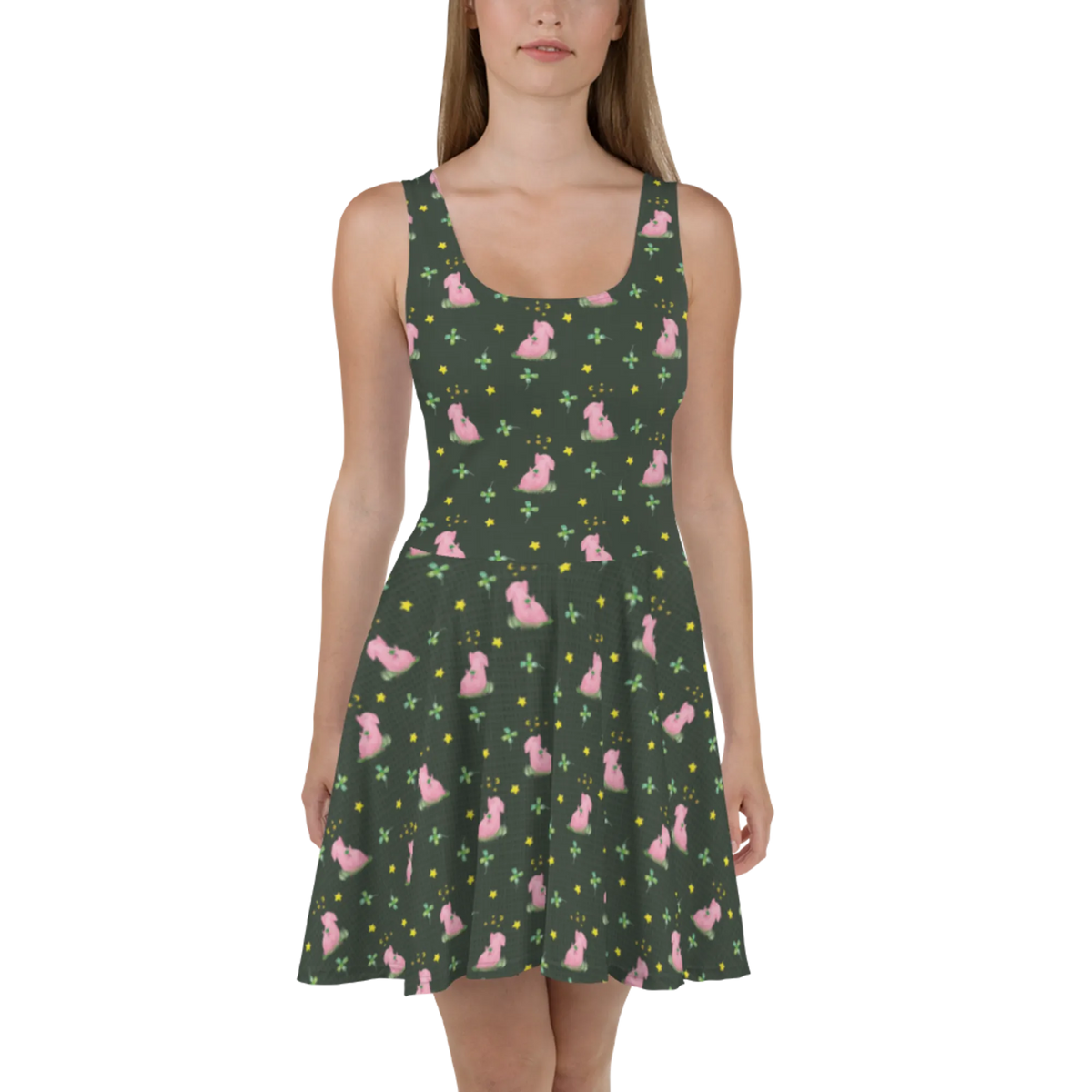 Sommerkleid Schwein Glück Muster Ausgestelltes Kleid, Freizeitkleid, Kurzes Kleid, Skaterkleid, Kleid, Strandkleid, Damen-Sommerkleid, Jerseykleid, Luftiges Sommerkleid, Damenkleid, Leichtes Sommerkleid, Urlaubskleid, Swingkleid, Kurzes Sommerkleid, Sommerkleid, A-Linien-Kleid, Shirtkleid, Minikleid, Stretchkleid, Tiere, Tiermotive, Lustige Sprüche, Gute Laune, Motivation, Schwein, Schweinchen, Glücksschwein. Glück, Sernchen, Sterne, Glücksbringer, Ziele, Träume