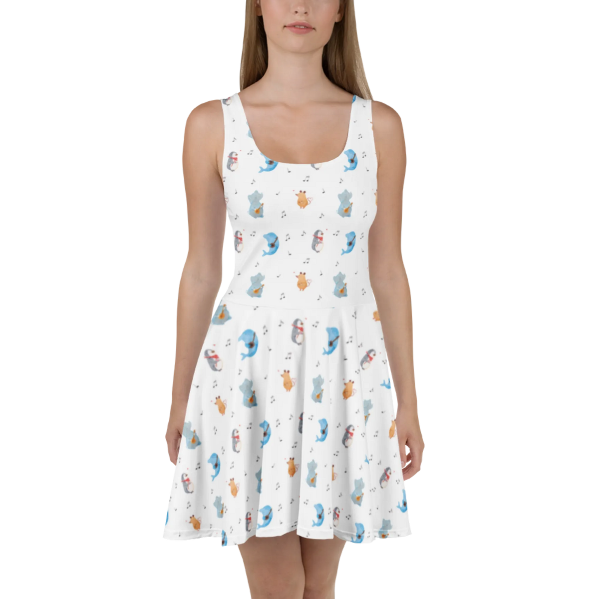 Sommerkleid Big Band Muster A-Linien-Kleid, Stretchkleid, Kurzes Sommerkleid, Minikleid, Shirtkleid, Skaterkleid, Urlaubskleid, Kleid, Leichtes Sommerkleid, Jerseykleid, Freizeitkleid, Luftiges Sommerkleid, Strandkleid, Kurzes Kleid, Damenkleid, Damen-Sommerkleid, Ausgestelltes Kleid, Sommerkleid, Swingkleid, Tiere, Tiermotive, Lustige Sprüche, Gute Laune, Pinguin, Maus, Gitarre, Musikanten, Delfin, Musik, Elefant, Triangel, Band, Hund