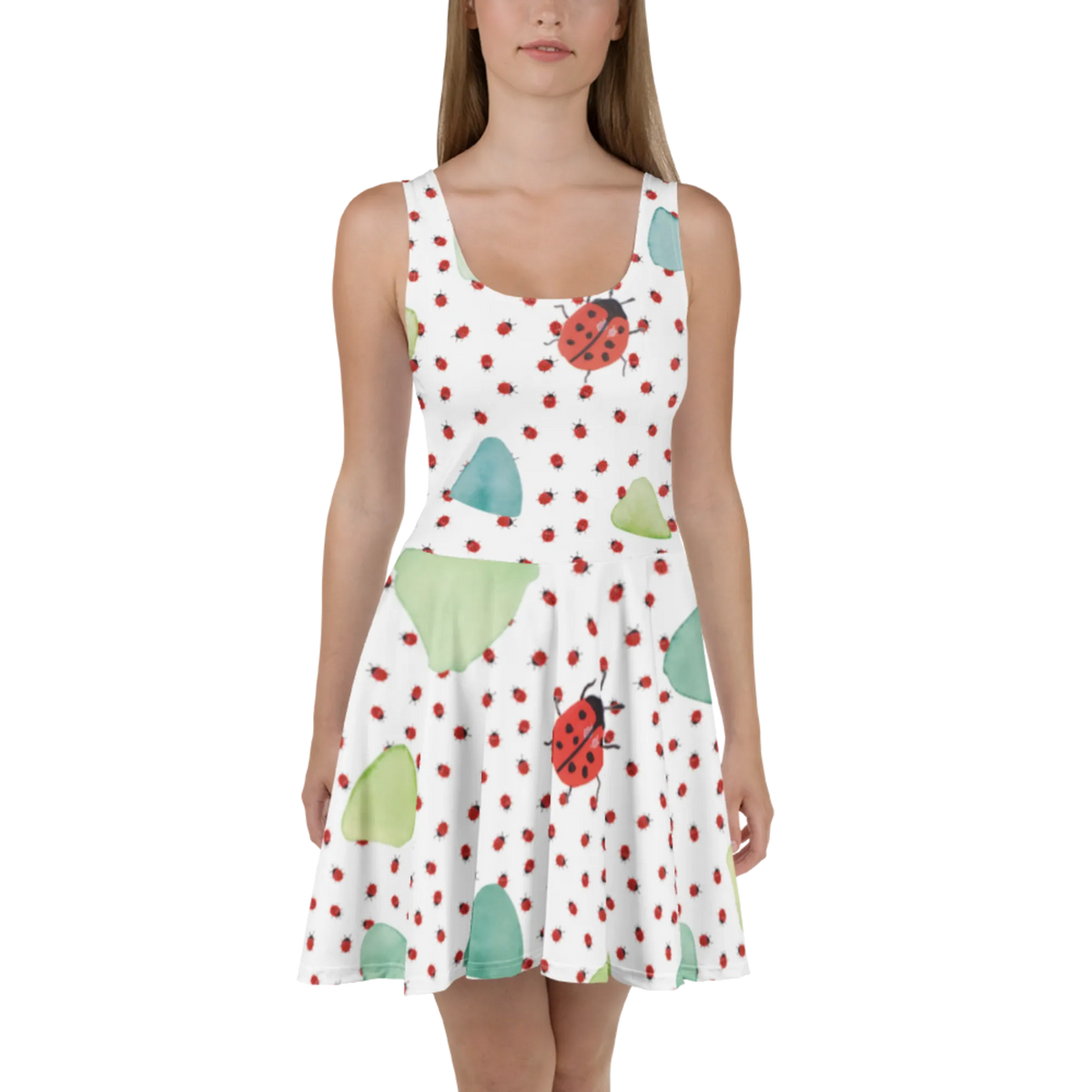 Summer dress Ladybug Design Sommerkleid, Kleid, Urlaubskleid, Kurzes Sommerkleid, Kurzes Kleid, Luftiges Sommerkleid, Shirtkleid, Skaterkleid, Strandkleid, Freizeitkleid, Jerseykleid, Damen-Sommerkleid, Stretchkleid, Damenkleid, Ausgestelltes Kleid, Minikleid, Swingkleid, A-Linien-Kleid, Leichtes Sommerkleid, Niedlich, Aquarell, Grüne Punkte, Marienkäfer, Verspielt, Muster