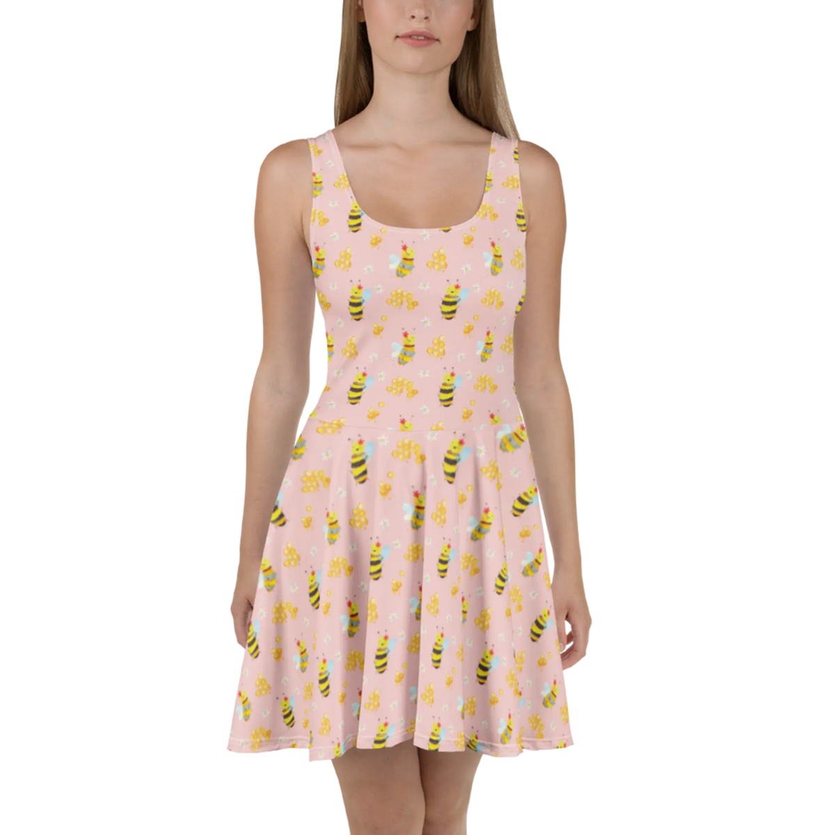 Sommerkleid Biene Happy Muster Stretchkleid, Skaterkleid, Strandkleid, Urlaubskleid, Freizeitkleid, Kurzes Sommerkleid, Sommerkleid, Leichtes Sommerkleid, Luftiges Sommerkleid, Shirtkleid, Damen-Sommerkleid, Damenkleid, Minikleid, Kurzes Kleid, Kleid, A-Linien-Kleid, Swingkleid, Ausgestelltes Kleid, Jerseykleid, Biene, Hummel, Wespe