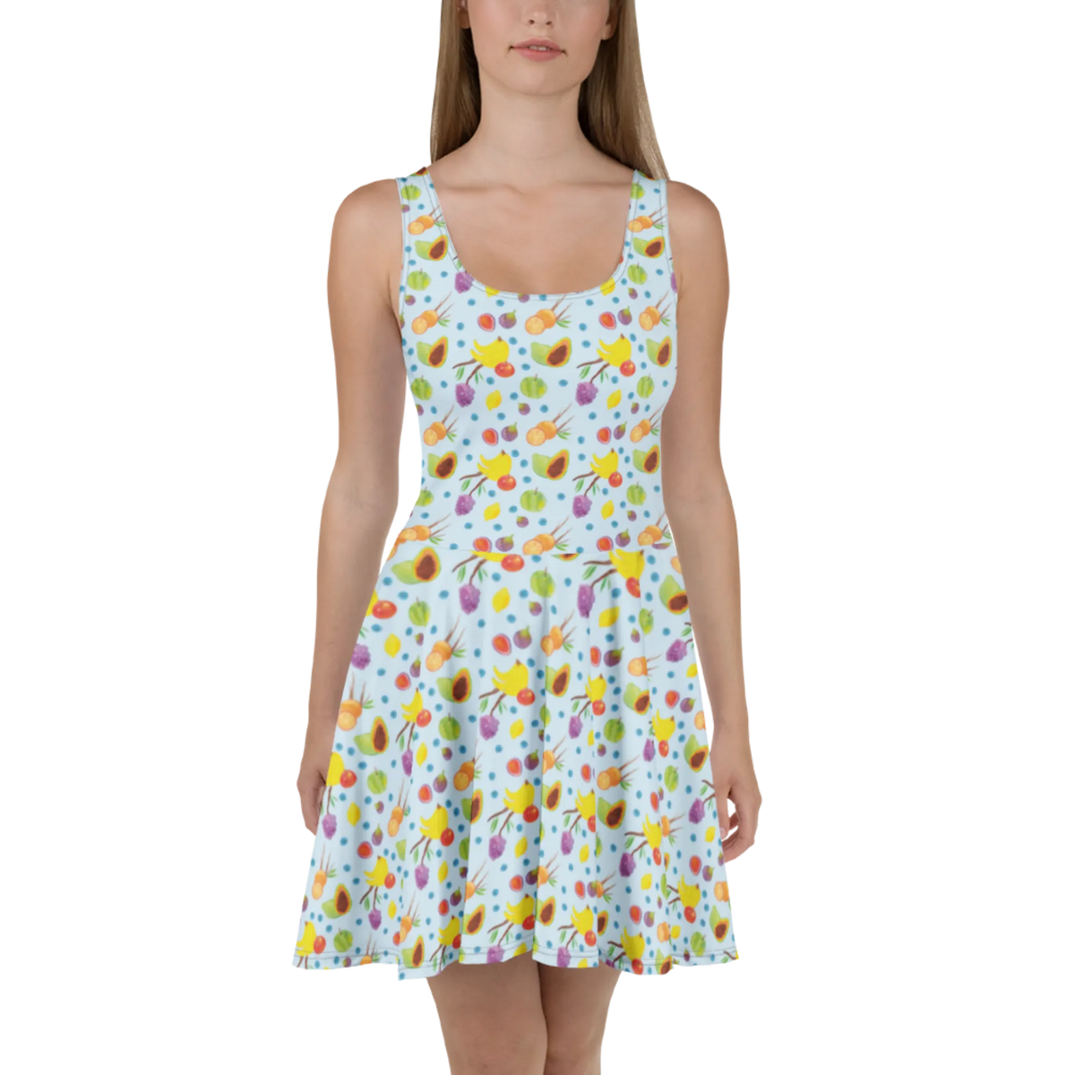 Sommerkleid Obst Korb Muster Sommerkleid, Damenkleid, Stretchkleid, Strandkleid, A-Linien-Kleid, Shirtkleid, Leichtes Sommerkleid, Luftiges Sommerkleid, Swingkleid, Freizeitkleid, Jerseykleid, Skaterkleid, Minikleid, Kurzes Kleid, Kurzes Sommerkleid, Urlaubskleid, Ausgestelltes Kleid, Kleid, Damen-Sommerkleid, Obst Muster, Obstkorb, Früchte, Frucht Muster