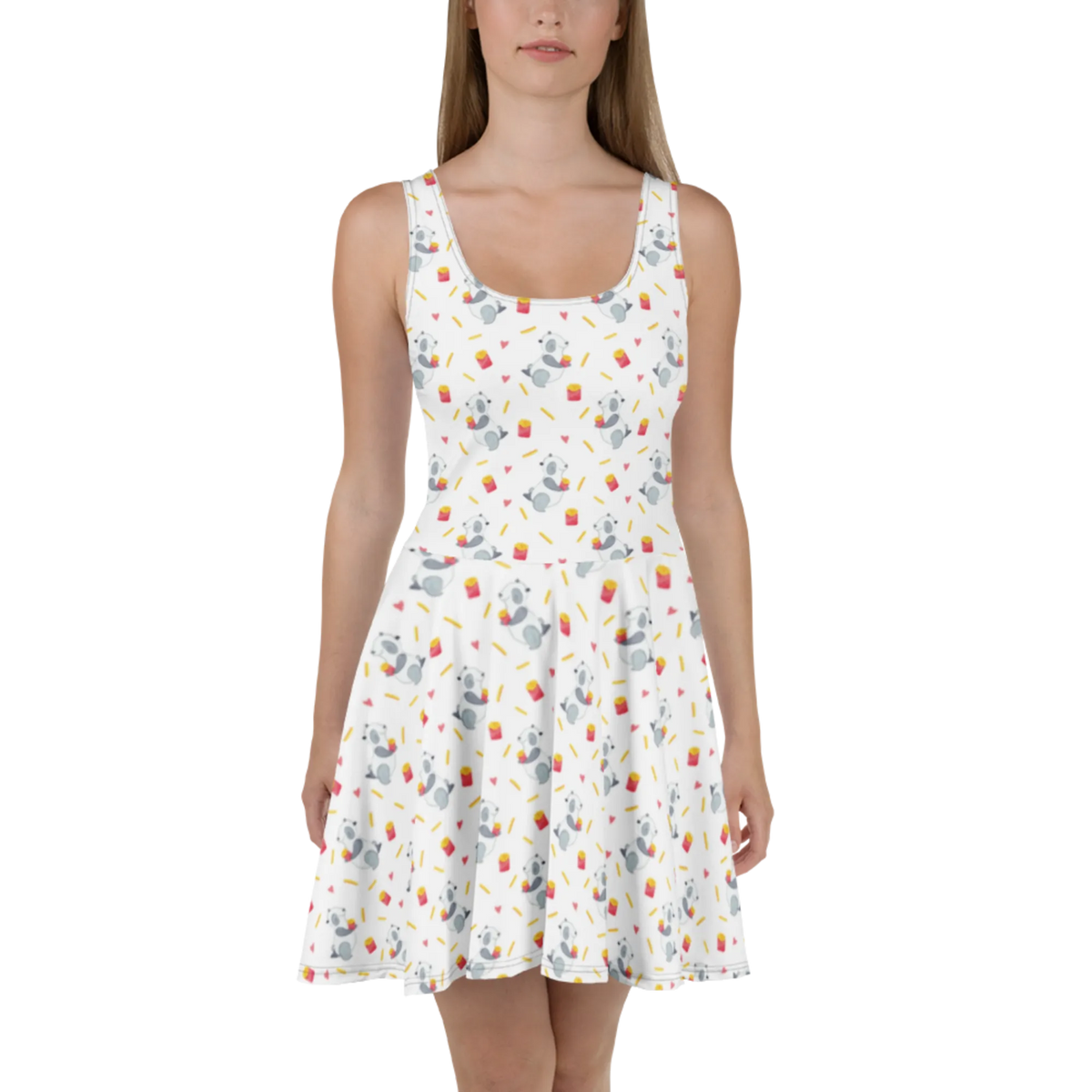 Summer dress Panda Fries Shirtkleid, Skaterkleid, Minikleid, A-Linien-Kleid, Swingkleid, Damen-Sommerkleid, Strandkleid, Kleid, Urlaubskleid, Kurzes Sommerkleid, Kurzes Kleid, Jerseykleid, Damenkleid, Freizeitkleid, Leichtes Sommerkleid, Luftiges Sommerkleid, Sommerkleid, Ausgestelltes Kleid, Stretchkleid, Panda, Pommes Muster, Pommes, Panda Muster