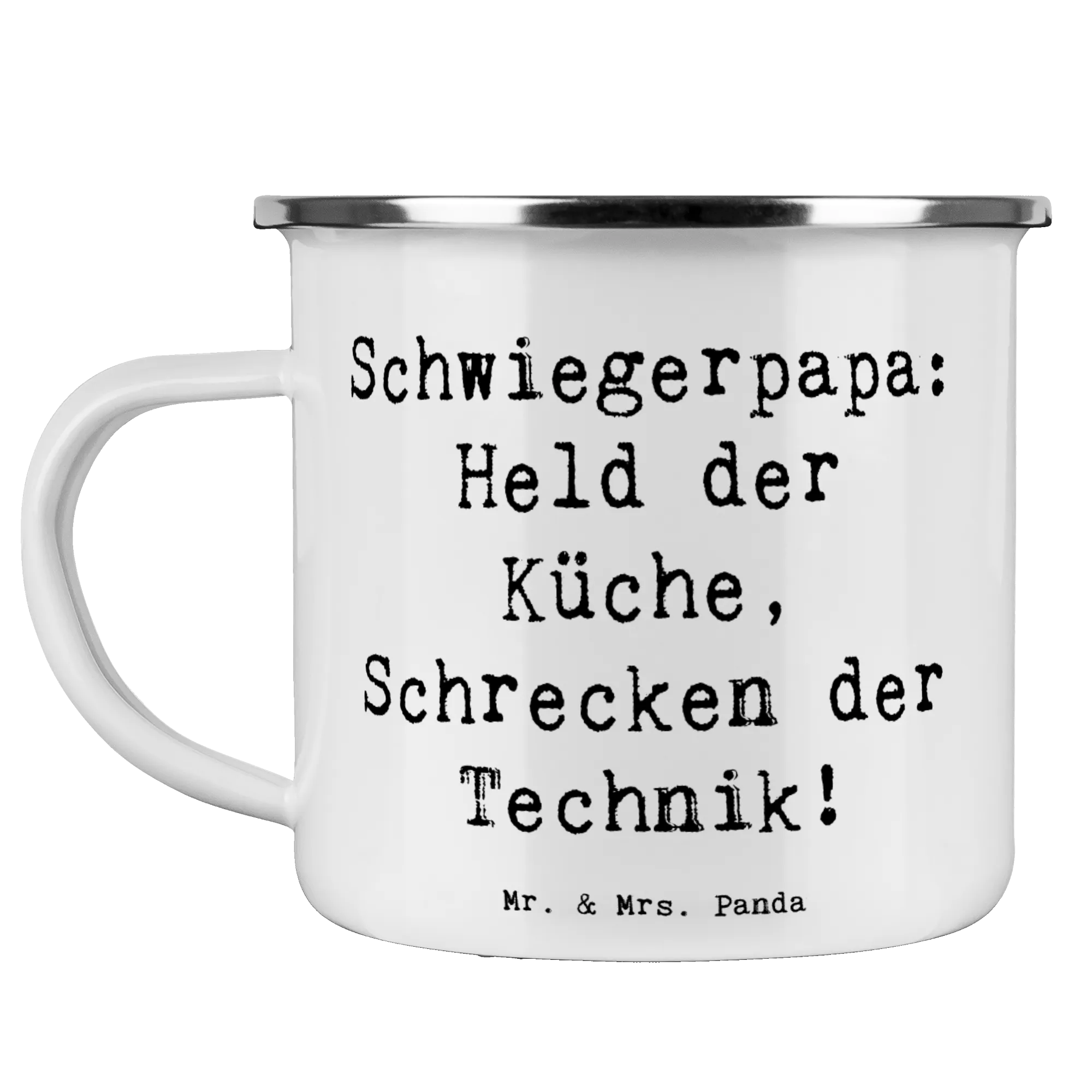 Enamel camping mug Saying Schwiegerpapa: Held der Küche, Schrecken der Technik! reisetasse, Pott, Reisebecher, wandertasse, Teebecher, Kaffeepott, blechbecher, Emaille Tasse, Blechtasse, metallbecher, Tasse Emaille, becher emaille, wanderbecher, outdoortasse, Emailletasse, Outdoor Tasse, Outdoor Becher, Haferl, Emaille Becher, Campingtasse, Campingbecher, Motivtasse, Teetasse, emaillebecher, Muttertag, Vatertag, Mama, Papa, Oma, Opa, Familie, Schwester, Bruder