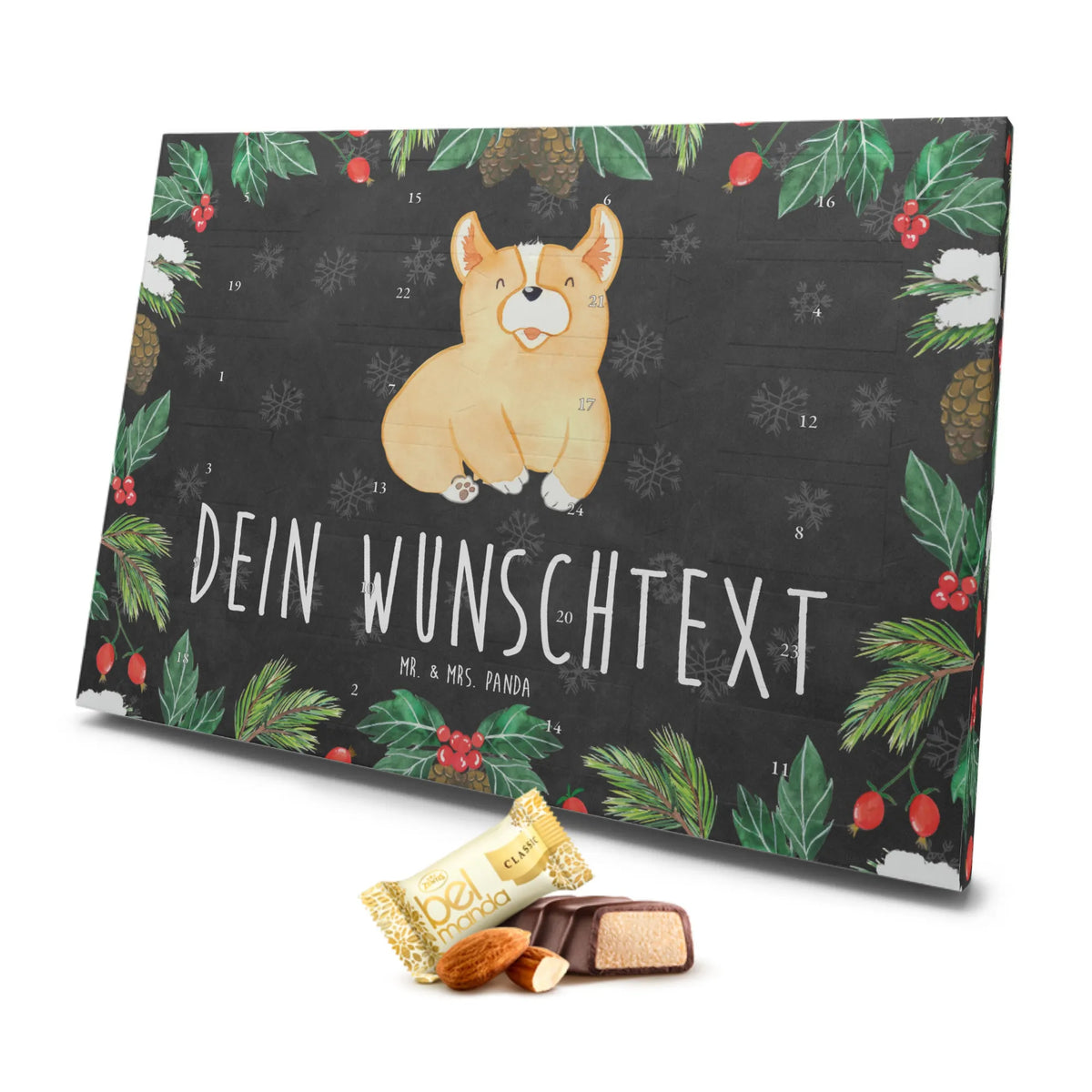 Personalisierter Marzipan Adventskalender Corgie Personalisierter Marzipan Adventskalender, Hund, Hundemotiv, Haustier, Hunderasse, Tierliebhaber, Hundebesitzer, Sprüche, Hundespruch, Spruch, Motivation, Lebensfreude, britisch, Corgie, Welsh Corgie Pembroke