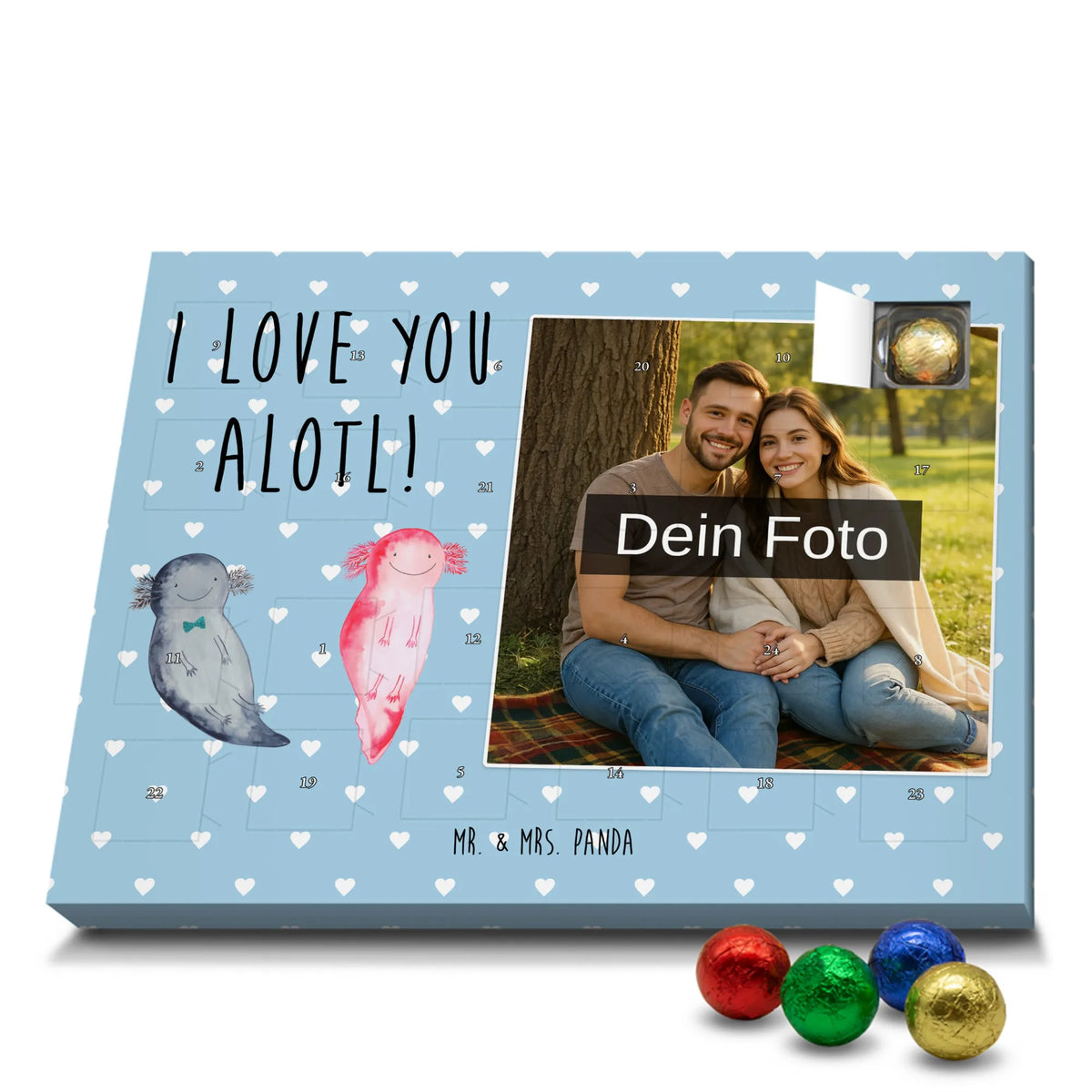 Personalisierter Schoko Foto Adventskalender Axolotl Liebe Schoko Foto Adventskalender, Fotokalender Advent, Foto Adventskalender, Foto Schokoladen Adventskalender, Personalisierter Schoko Foto Adventskalender, Verlobung, Freund, Partner, Liebesgeschenk, Liebe, Ehemann, Freundin, Ehefrau, Heiratsantrag, Heiraten, Jahrestag, Hocheitstag, Geschenk für Partner, Geschenk für Freundin, für Ehemann, Mitbringsel, Hochzeitstag, Geschenk für Frauen, Liebesbeweis, Valentinstag, für Männer