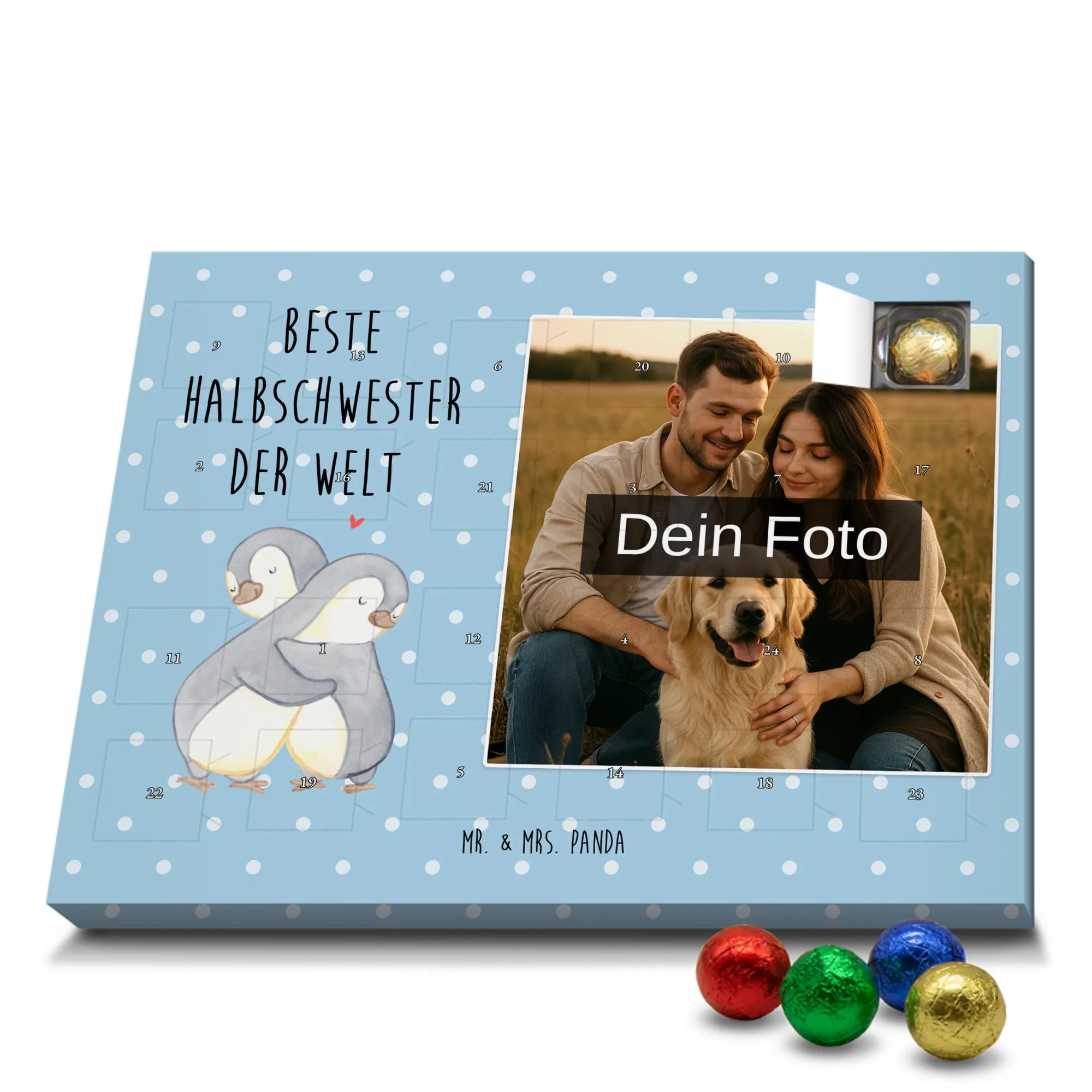 Personalisierter Schoko Foto Adventskalender Pinguin Beste Halbschwester der Welt Fotokalender Advent, Schoko Foto Adventskalender, Foto Adventskalender, Foto Schokoladen Adventskalender, Personalisierter Schoko Foto Adventskalender, Dankeschön, Danke, Geburtstag, Schenken, Geschenkidee, Geschenk, Bedanken, Freude machen, Geschenktipp, für, Mitbringsel, Geburtstagsgeschenk, Schwestern, Tochter, Schwesterherz, Beste, Sister, Liebe, Kleinigkeit, Stiefgeschwister, Kinder, Stiefschwester, Halbschwester, Schwester, Geschwister, Familie