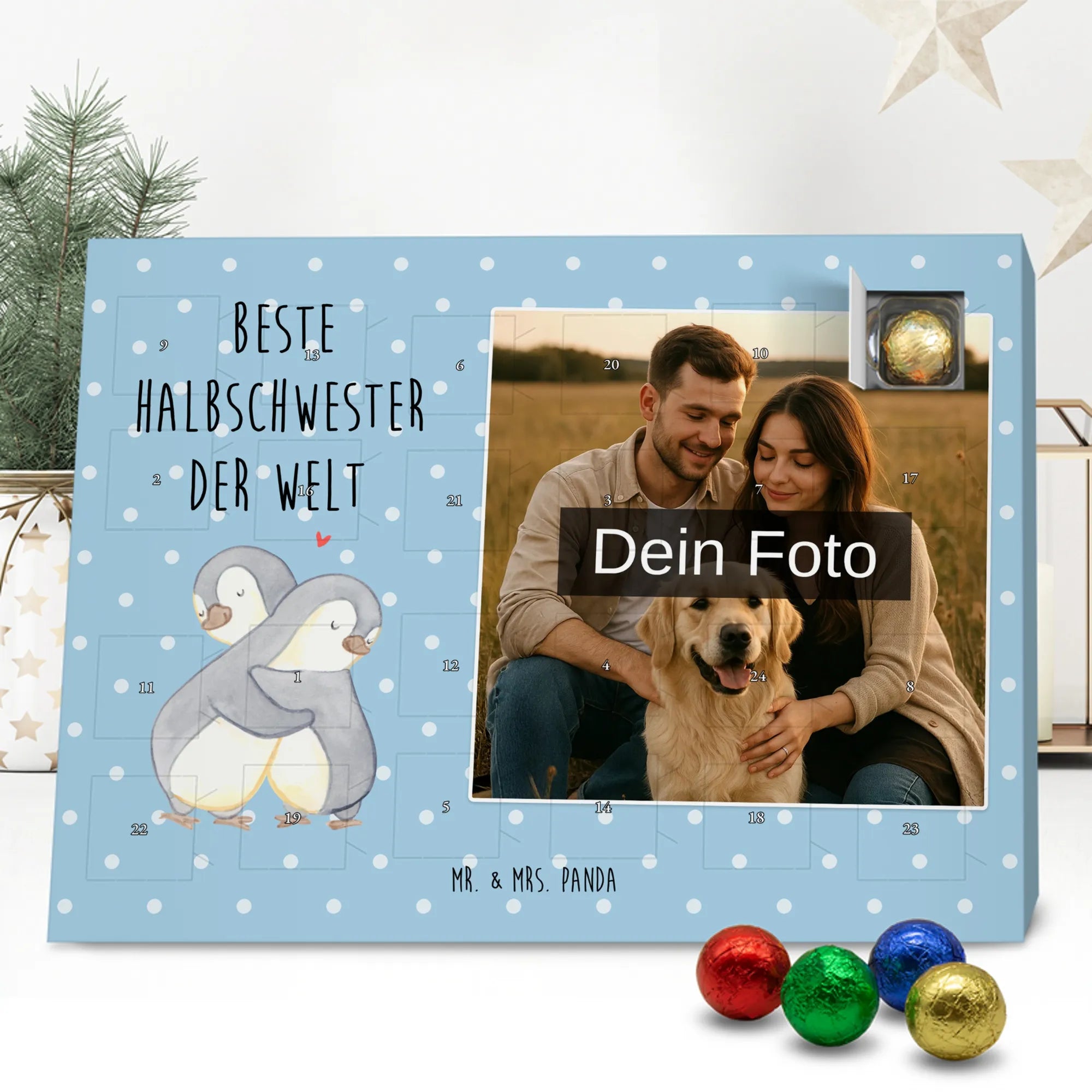 Personalisierter Schoko Foto Adventskalender Pinguin Beste Halbschwester der Welt Fotokalender Advent, Schoko Foto Adventskalender, Foto Adventskalender, Foto Schokoladen Adventskalender, Personalisierter Schoko Foto Adventskalender, Dankeschön, Danke, Geburtstag, Schenken, Geschenkidee, Geschenk, Bedanken, Freude machen, Geschenktipp, für, Mitbringsel, Geburtstagsgeschenk, Schwestern, Tochter, Schwesterherz, Beste, Sister, Liebe, Kleinigkeit, Stiefgeschwister, Kinder, Stiefschwester, Halbschwester, Schwester, Geschwister, Familie