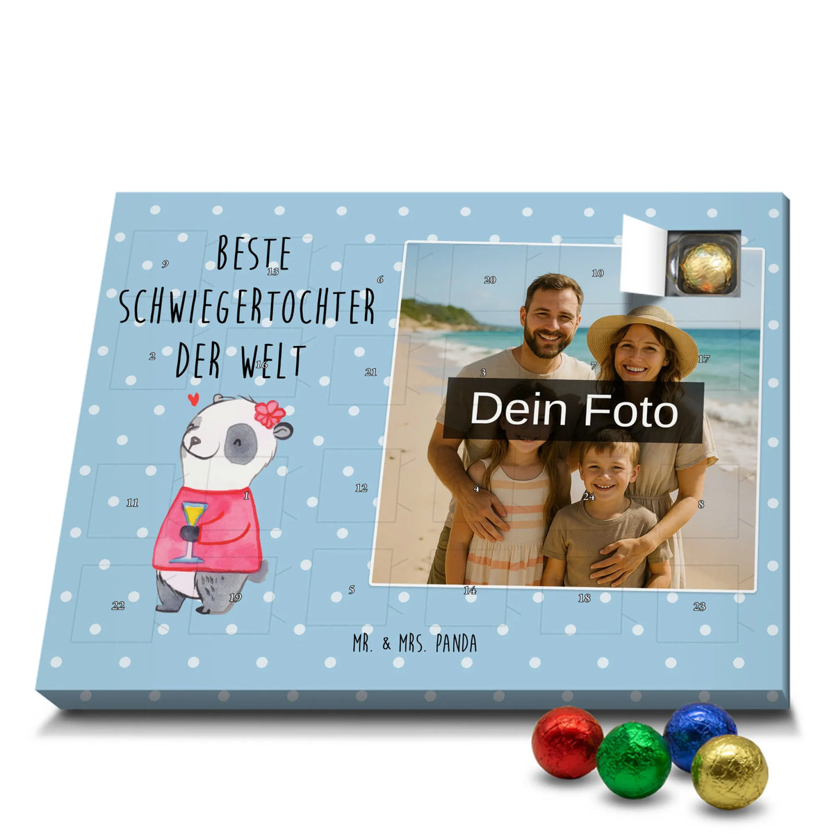 Personalisierter Schoko Foto Adventskalender Panda Beste Schwiegertochter der Welt Foto Adventskalender, Fotokalender Advent, Foto Schokoladen Adventskalender, Schoko Foto Adventskalender, Personalisierter Schoko Foto Adventskalender, Geschenkidee, für, Schenken, Geschenktipp, Bedanken, Freude machen, Geschenk, Geburtstag, Mitbringsel, Danke, Geburtstagsgeschenk, Dankeschön, Schwiegertochter, Hochzeit, Frau, Tochter, Ehefrau Des Sohns, Angeheiratet