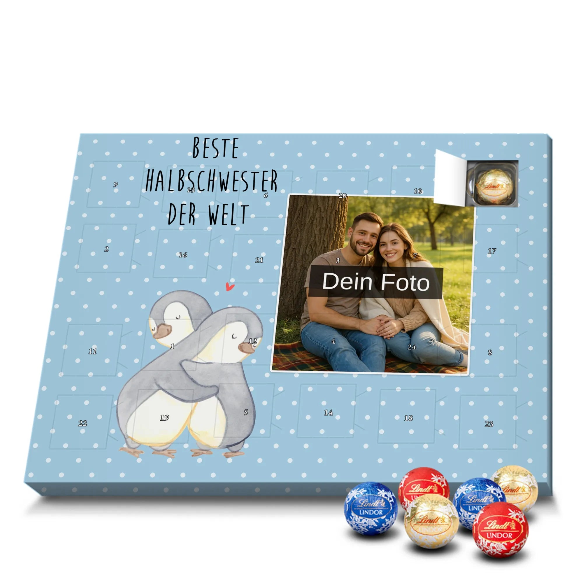 Personalisierter Schoko Foto Adventskalender Pinguin Beste Halbschwester der Welt Fotokalender Advent, Schoko Foto Adventskalender, Foto Adventskalender, Foto Schokoladen Adventskalender, Personalisierter Schoko Foto Adventskalender, Dankeschön, Danke, Geburtstag, Schenken, Geschenkidee, Geschenk, Bedanken, Freude machen, Geschenktipp, für, Mitbringsel, Geburtstagsgeschenk, Schwestern, Tochter, Schwesterherz, Beste, Sister, Liebe, Kleinigkeit, Stiefgeschwister, Kinder, Stiefschwester, Halbschwester, Schwester, Geschwister, Familie