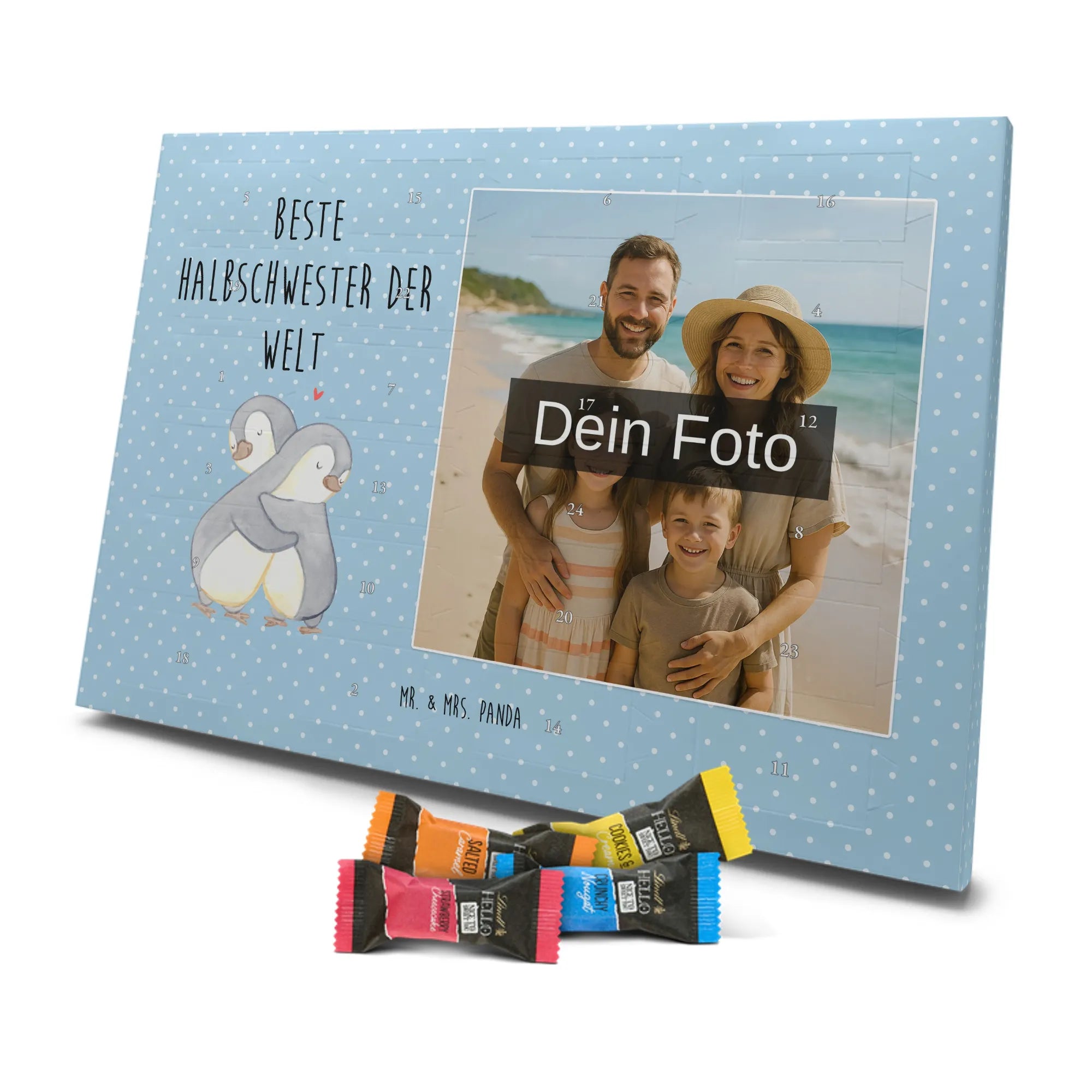 Personalisierter Schoko Foto Adventskalender Pinguin Beste Halbschwester der Welt Fotokalender Advent, Schoko Foto Adventskalender, Foto Adventskalender, Foto Schokoladen Adventskalender, Personalisierter Schoko Foto Adventskalender, Dankeschön, Danke, Geburtstag, Schenken, Geschenkidee, Geschenk, Bedanken, Freude machen, Geschenktipp, für, Mitbringsel, Geburtstagsgeschenk, Schwestern, Tochter, Schwesterherz, Beste, Sister, Liebe, Kleinigkeit, Stiefgeschwister, Kinder, Stiefschwester, Halbschwester, Schwester, Geschwister, Familie