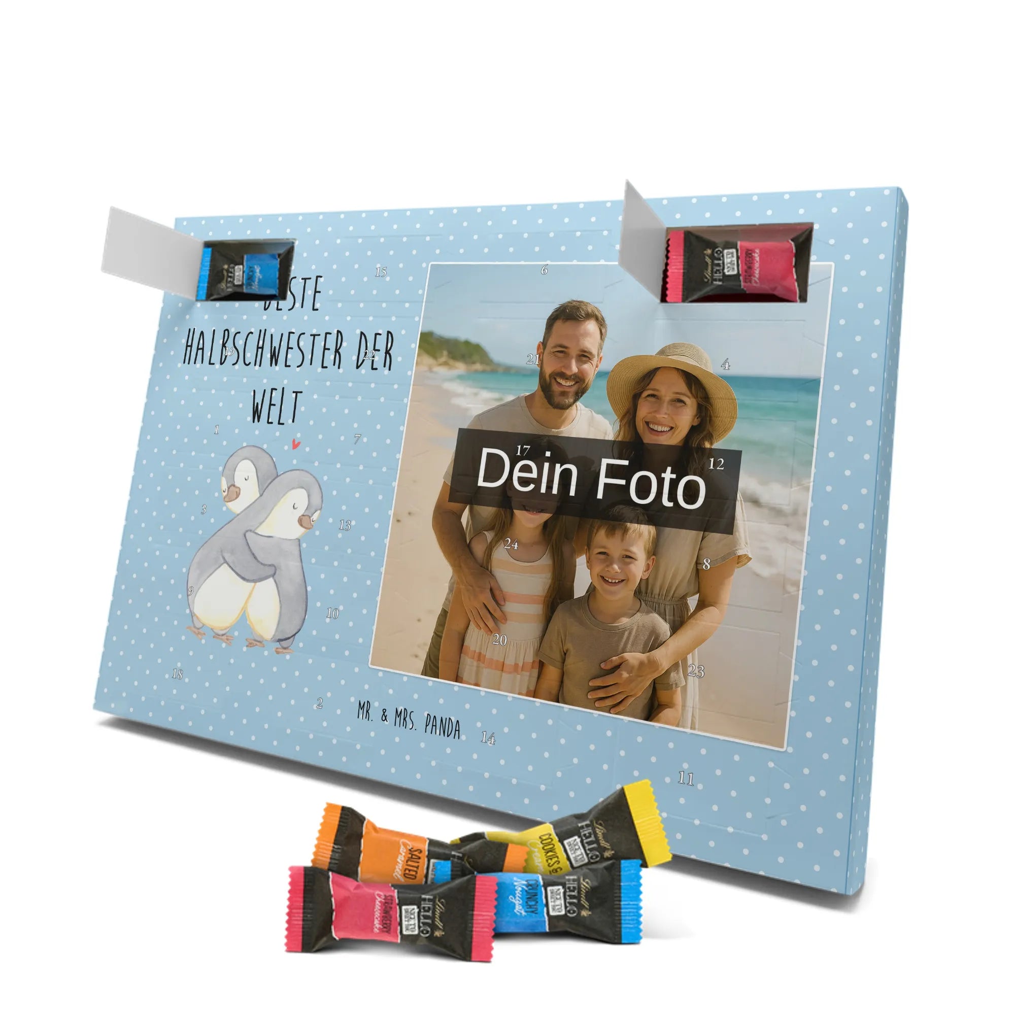 Personalisierter Schoko Foto Adventskalender Pinguin Beste Halbschwester der Welt Fotokalender Advent, Schoko Foto Adventskalender, Foto Adventskalender, Foto Schokoladen Adventskalender, Personalisierter Schoko Foto Adventskalender, Dankeschön, Danke, Geburtstag, Schenken, Geschenkidee, Geschenk, Bedanken, Freude machen, Geschenktipp, für, Mitbringsel, Geburtstagsgeschenk, Schwestern, Tochter, Schwesterherz, Beste, Sister, Liebe, Kleinigkeit, Stiefgeschwister, Kinder, Stiefschwester, Halbschwester, Schwester, Geschwister, Familie