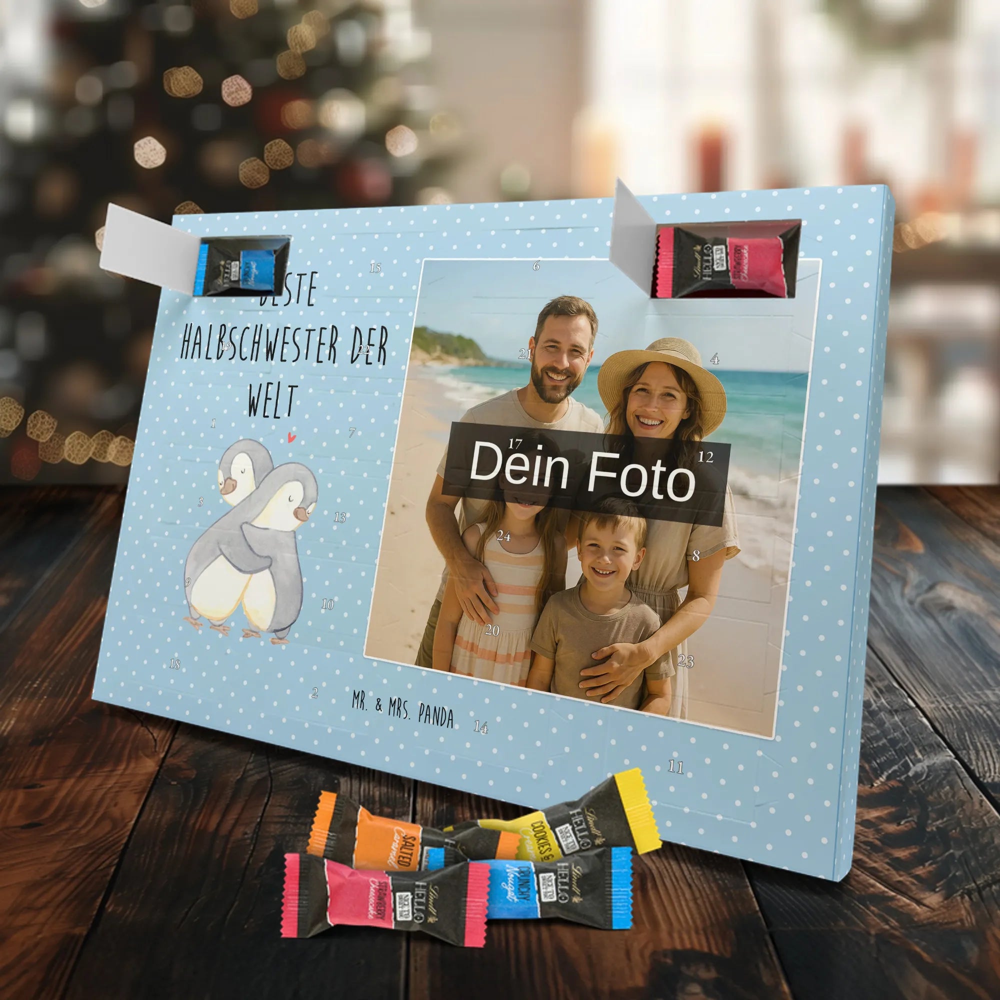 Personalisierter Schoko Foto Adventskalender Pinguin Beste Halbschwester der Welt Fotokalender Advent, Schoko Foto Adventskalender, Foto Adventskalender, Foto Schokoladen Adventskalender, Personalisierter Schoko Foto Adventskalender, Dankeschön, Danke, Geburtstag, Schenken, Geschenkidee, Geschenk, Bedanken, Freude machen, Geschenktipp, für, Mitbringsel, Geburtstagsgeschenk, Schwestern, Tochter, Schwesterherz, Beste, Sister, Liebe, Kleinigkeit, Stiefgeschwister, Kinder, Stiefschwester, Halbschwester, Schwester, Geschwister, Familie