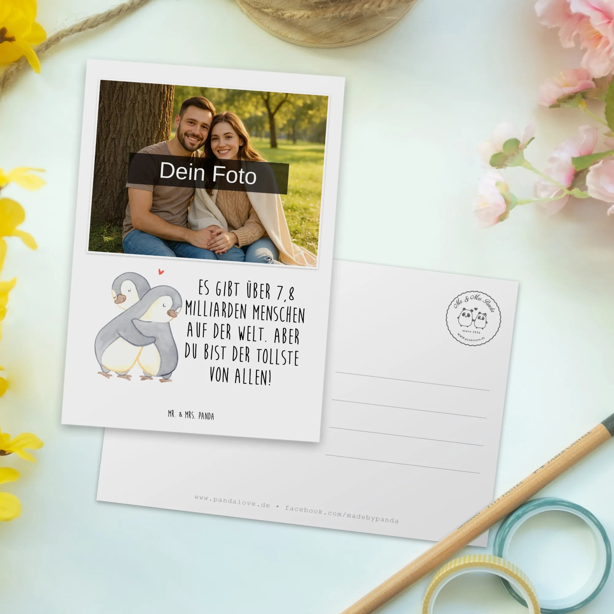 Personalizowana pocztówka ze zdjęciem pingwiny Przytulanie prezent miłosny, przyjaciel, zaręczyny, przyjaciółka, dzień ślubu, mąż, prośba o rękę, żona, rocznica, wesele, Miłość