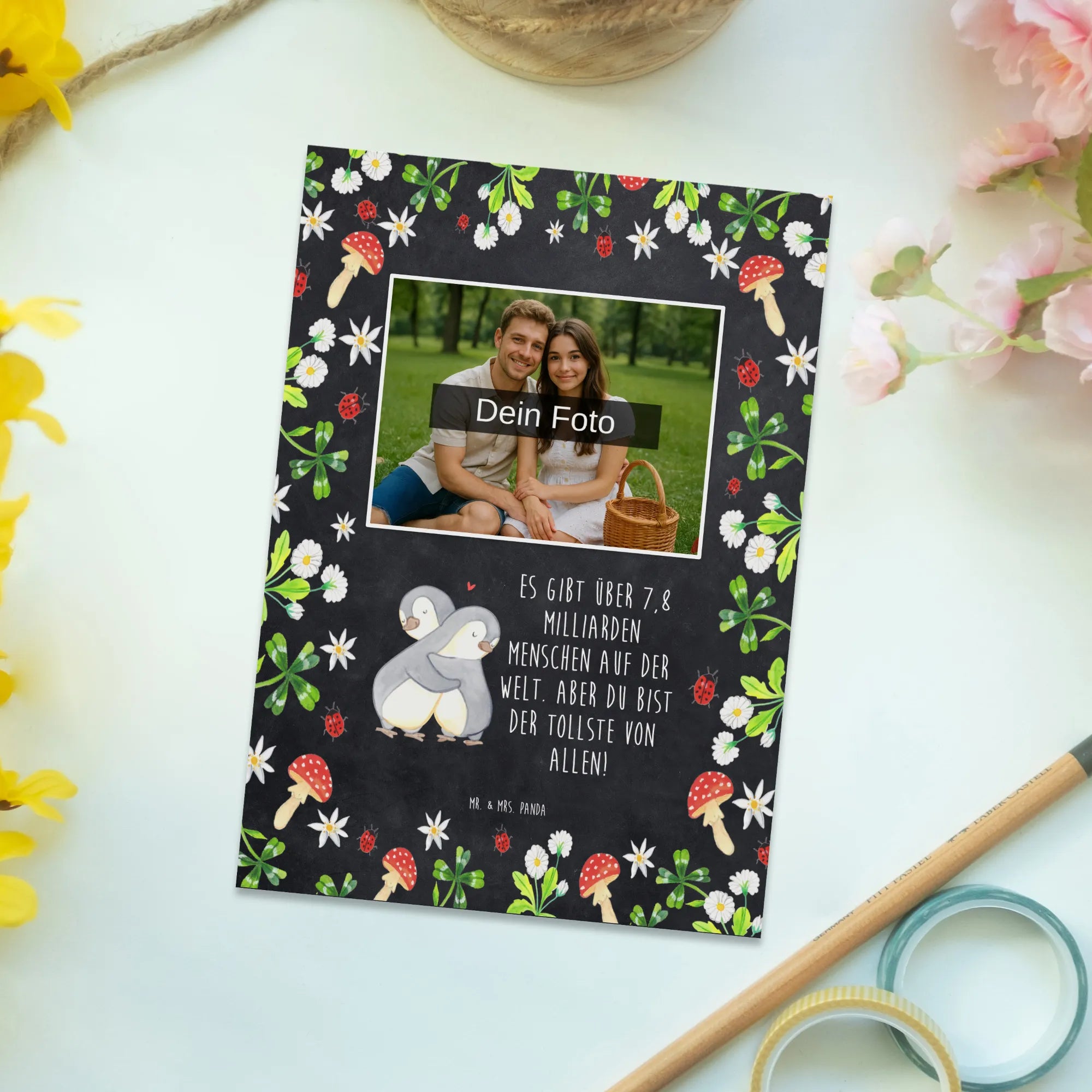 Personalizowana pocztówka ze zdjęciem pingwiny Przytulanie prezent miłosny, przyjaciel, zaręczyny, przyjaciółka, dzień ślubu, mąż, prośba o rękę, żona, rocznica, wesele, Miłość