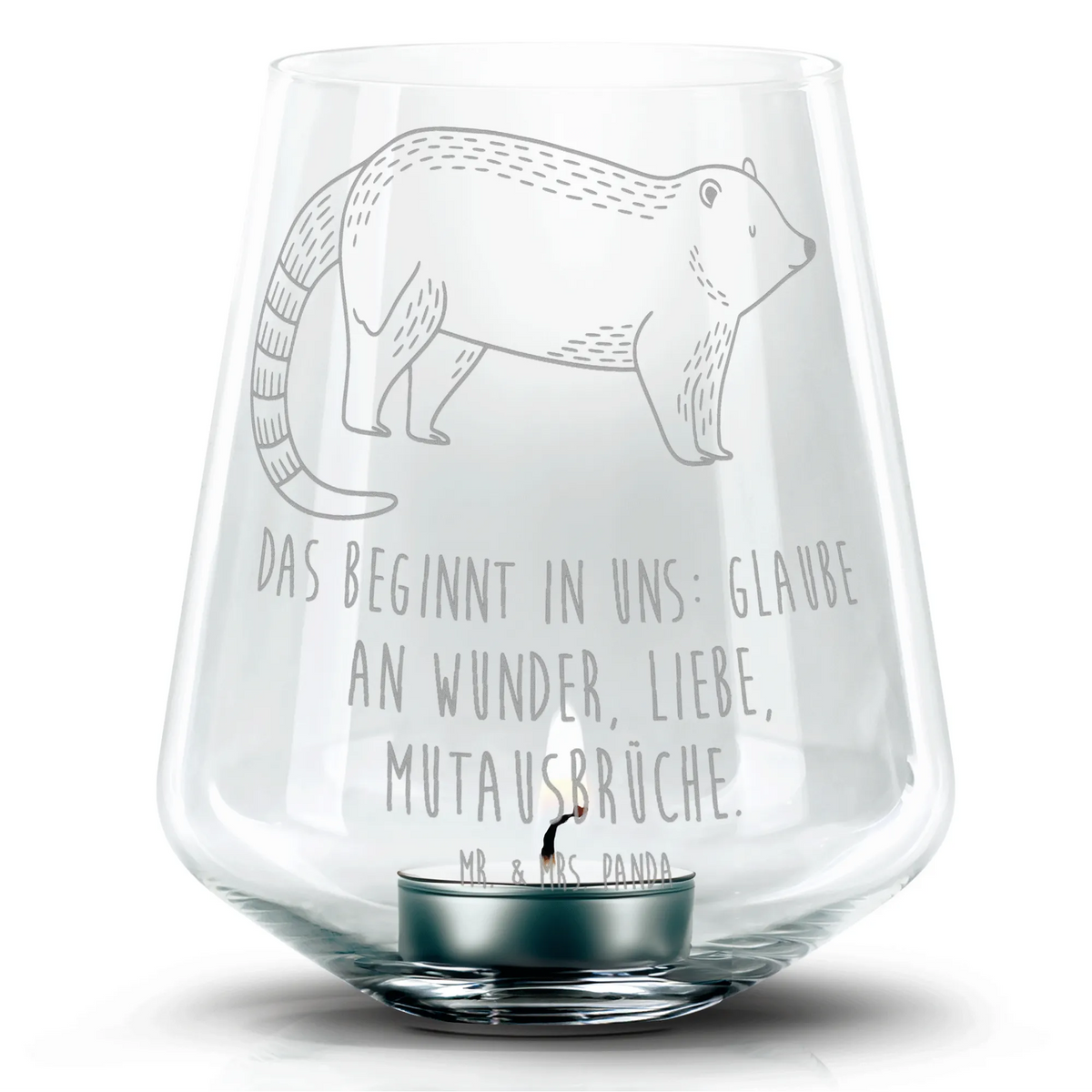 Gravur Windlicht Nasenbär Teelicht, Teelichthalter, Romatisches Windlicht, Windlicht aus Glas, Gravur Windlicht, Tiermotive, Gute Laune, lustige Sprüche, Tiere, Bär, Rüsselbär, Nasenbären, Nasenbär