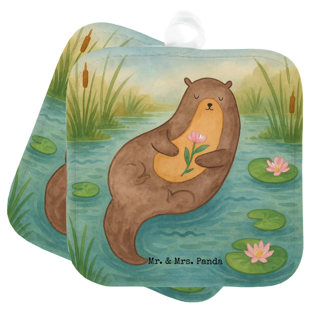 2er Set Topflappen  Otter Seerose Design topfhalter, Kochlappen, Topflappen Set, Topflappen, Topfuntersetzer, Zwei Topflappen, Doppel Topflappen, Topflappen 2er Set, 2er Set Topflappen, Topflappenset, Topflappen im Doppelpack, Ofenlappen, Fischotter, Otter, Seeotter, Otter Seeotter See Otter