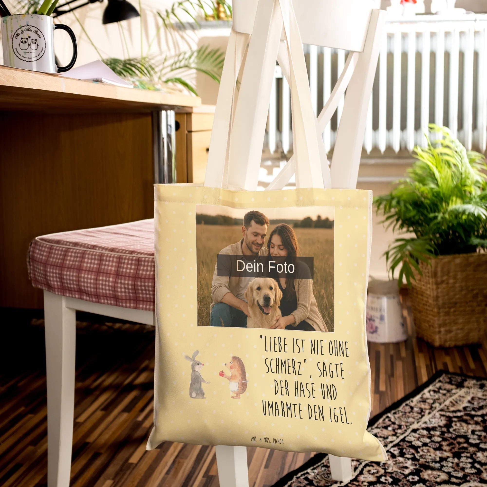 Personalized Photo Shopping Bag Hare Hedgehog card, gift ideas, gifts, small animals, cute, cute animal motives, hand drawn, funny sayings, good mood, special gifts, animal lover, romantic saying, consolation, lovesickness gift, pain of separation, heartache, love saying, Hedgehog and hare, hare