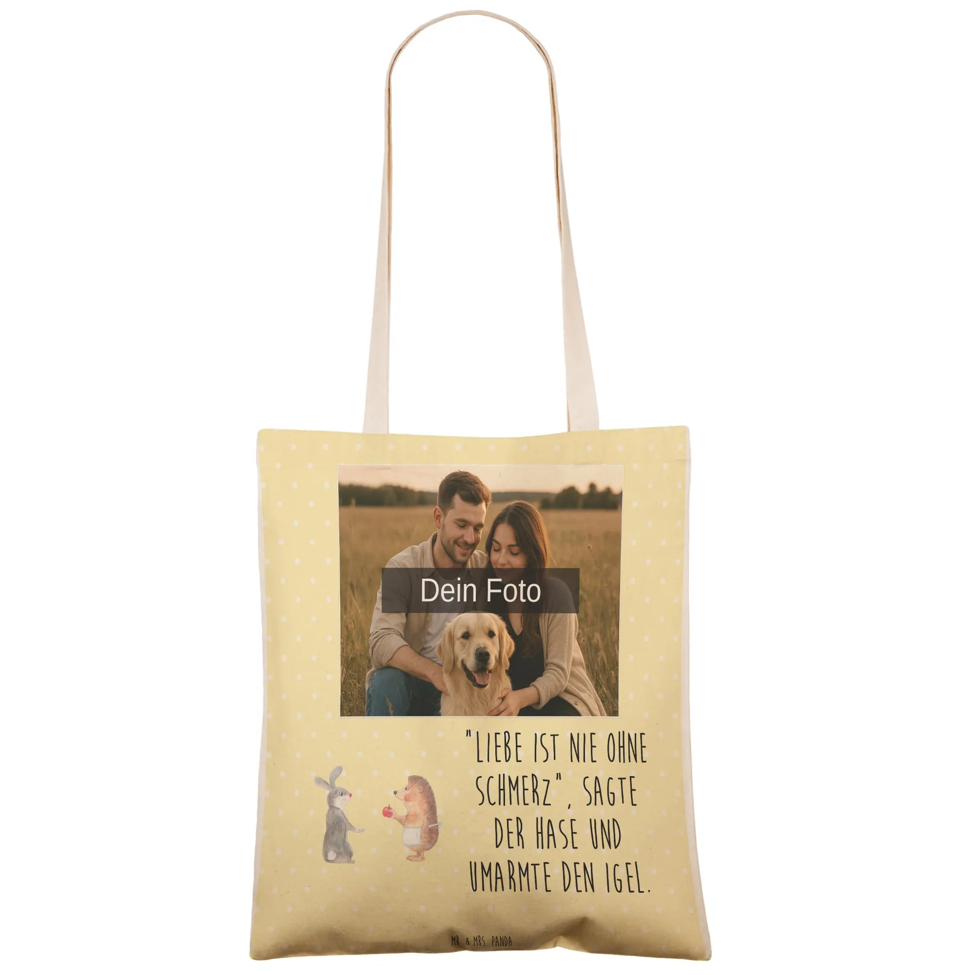 Personalized Photo Shopping Bag Hare Hedgehog card, gift ideas, gifts, small animals, cute, cute animal motives, hand drawn, funny sayings, good mood, special gifts, animal lover, romantic saying, consolation, lovesickness gift, pain of separation, heartache, love saying, Hedgehog and hare, hare