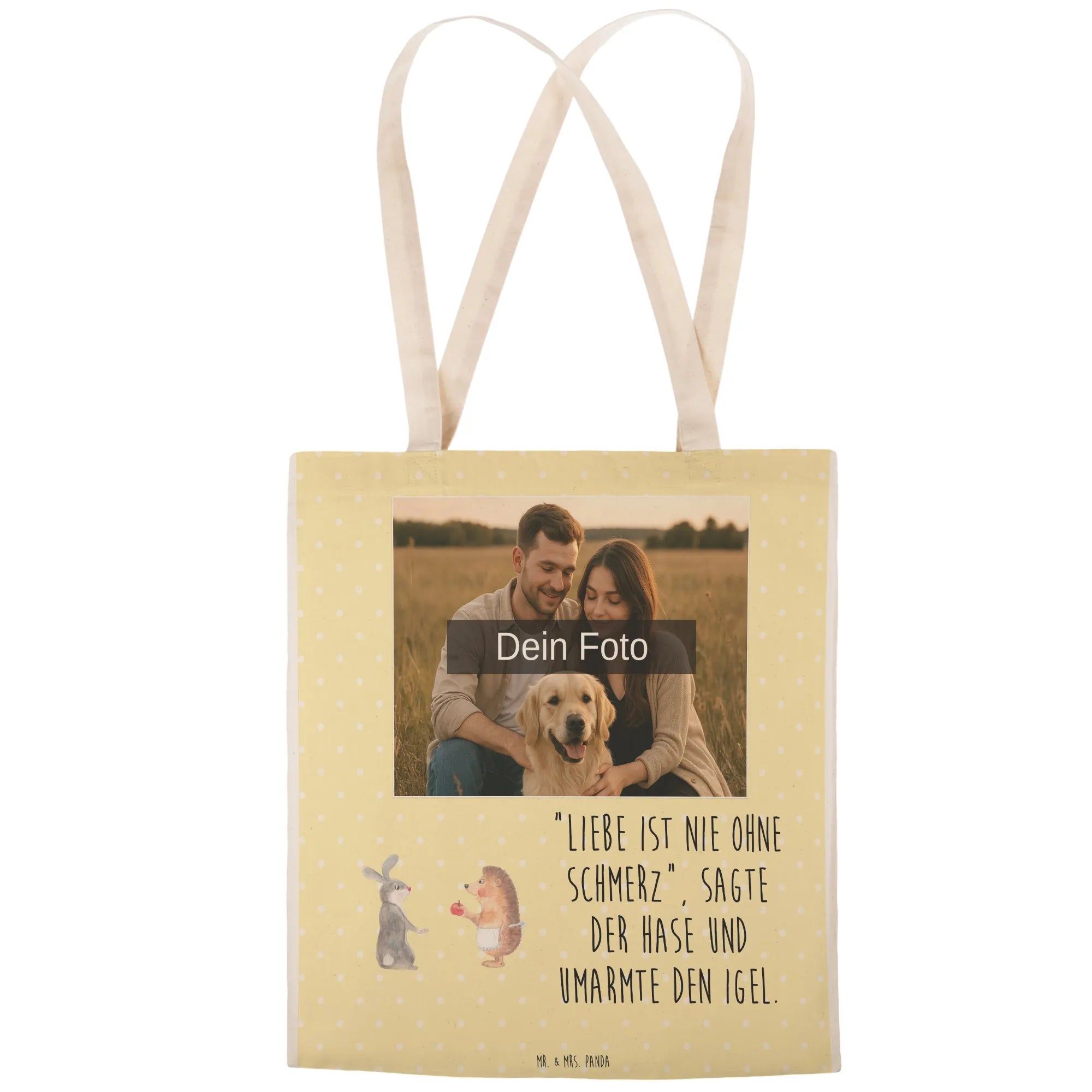 Personalized Photo Shopping Bag Hare Hedgehog card, gift ideas, gifts, small animals, cute, cute animal motives, hand drawn, funny sayings, good mood, special gifts, animal lover, romantic saying, consolation, lovesickness gift, pain of separation, heartache, love saying, Hedgehog and hare, hare