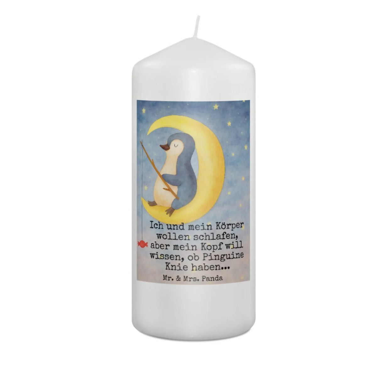 Kerze Pinguin Mond Design Erinnerungslicht, Wachskerze, Stumpenkerze, Erinnerungskerze, Bedruckte Kerze, Blockkerze, Zylinderkerze, Kerze, Pinguin, Einschlafen, Nachtruhe, schlafen, Schlafzimmer, Schlafstörungen, Pinguine, Gästezimmer, Spruch