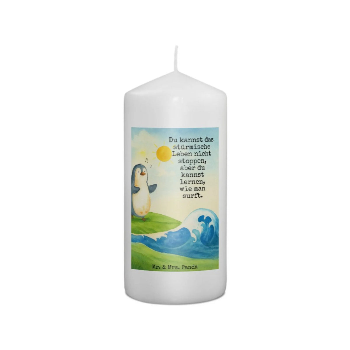 Kerze Pinguin Surfer Design Zylinderkerze, Wachskerze, Kerze, Erinnerungskerze, Stumpenkerze, Erinnerungslicht, Blockkerze, Bedruckte Kerze, Pinguin, Wellen, Urlaub, Pinguine, Wellen Reiten, Hawaii, Portugal, Surfer, Surfen