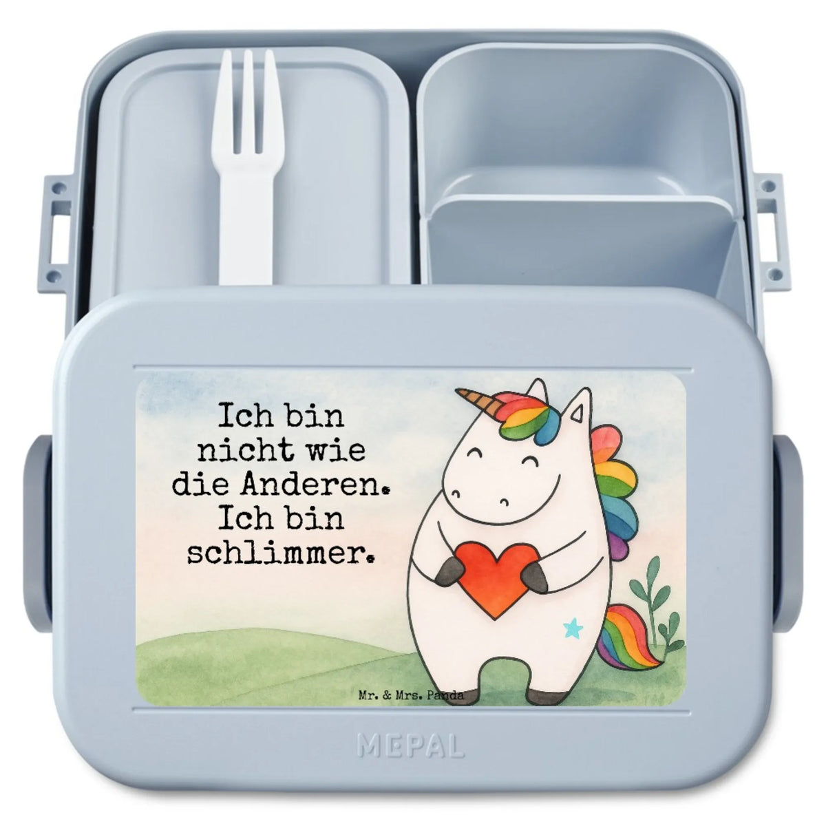 MEPAL Bentobox Einhorn Herz Design Snackbox, Essensbehälter, Lebensmittelbehälter, Meal Prep Box, Bento-Brotdose, Frischhaltedose, Lunchbox, Bentobox, Vesperbox, Essensbox, Bento Box, Jausenbox, Snackdose, Einhorn, Unicorn, Einhörner, Einhorn Deko, Schlimm, Witzig, böse, Herz, Anders, Lustig, Freundin, Bunt